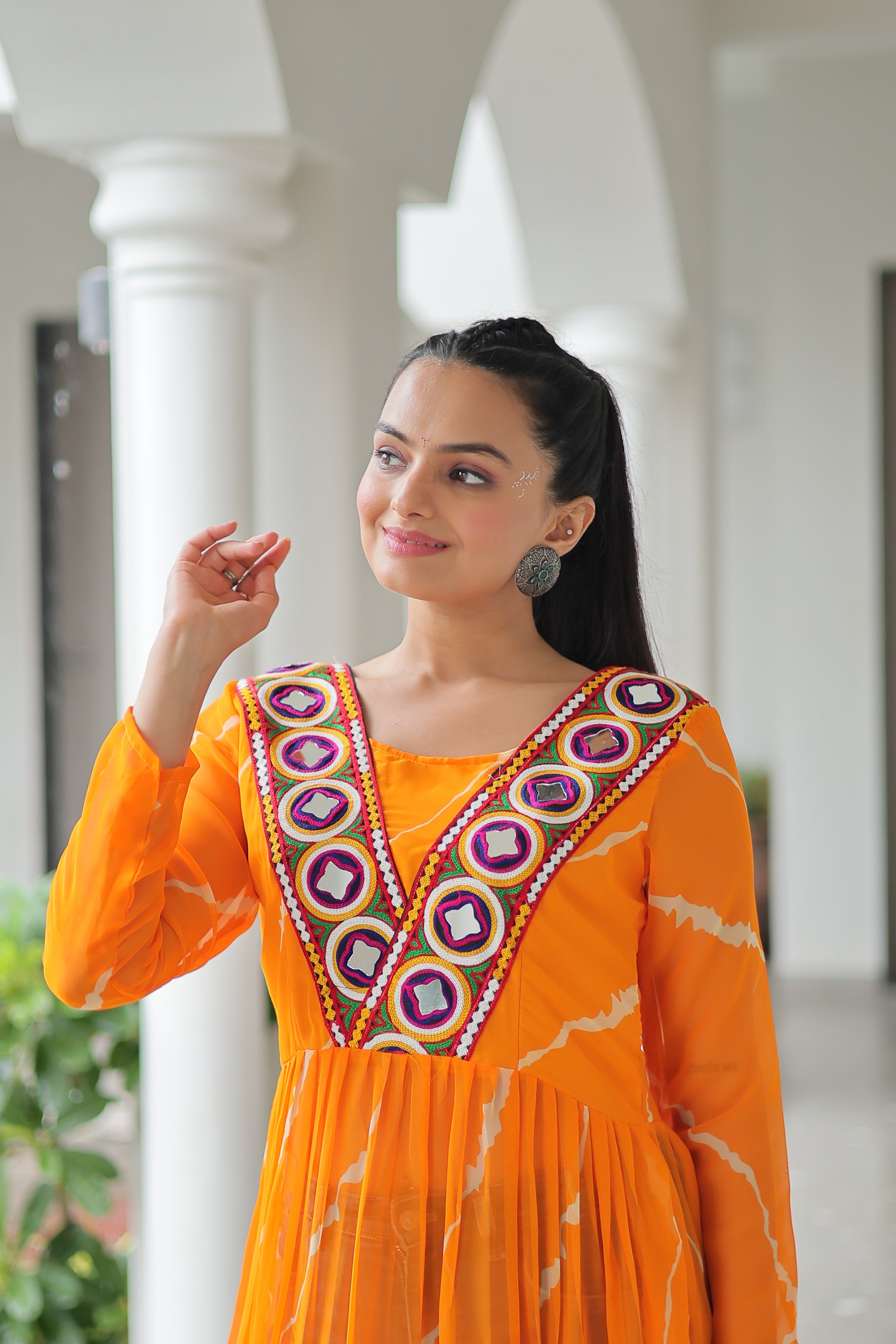 Traditional Bandhej Anarkali Dress with Vibrant Mirror Work Yoke