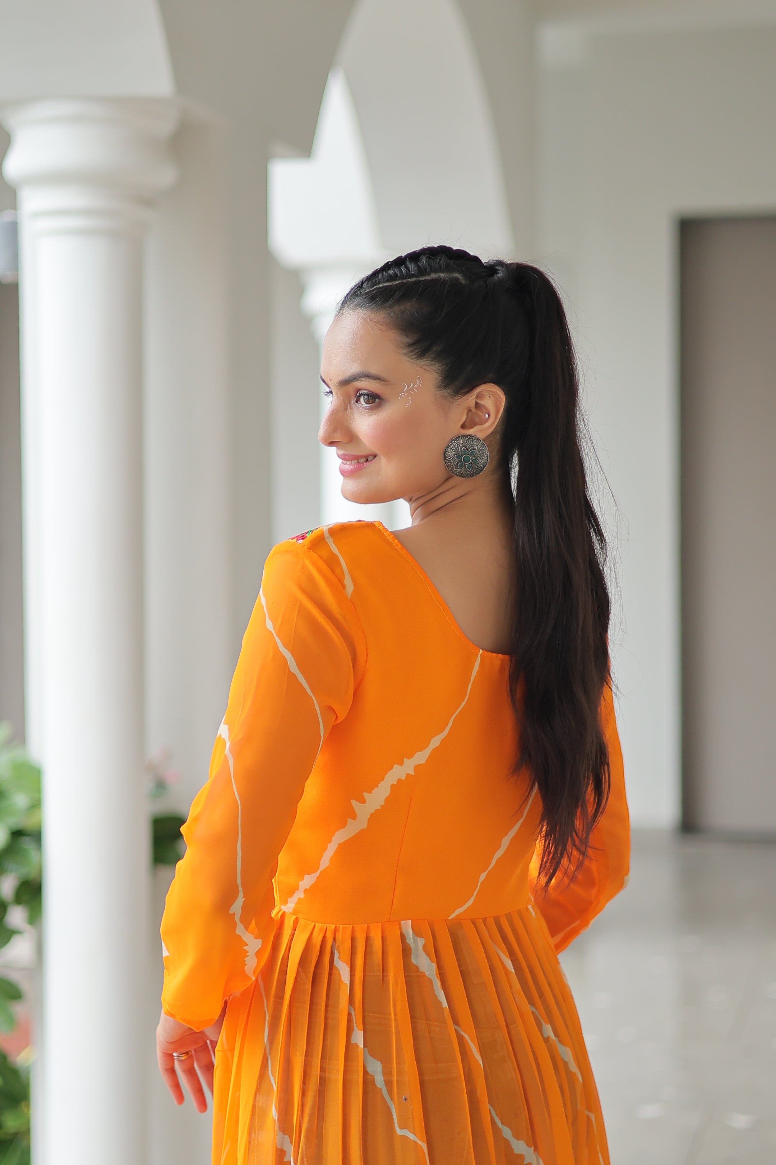 Traditional Bandhej Anarkali Dress with Vibrant Mirror Work Yoke