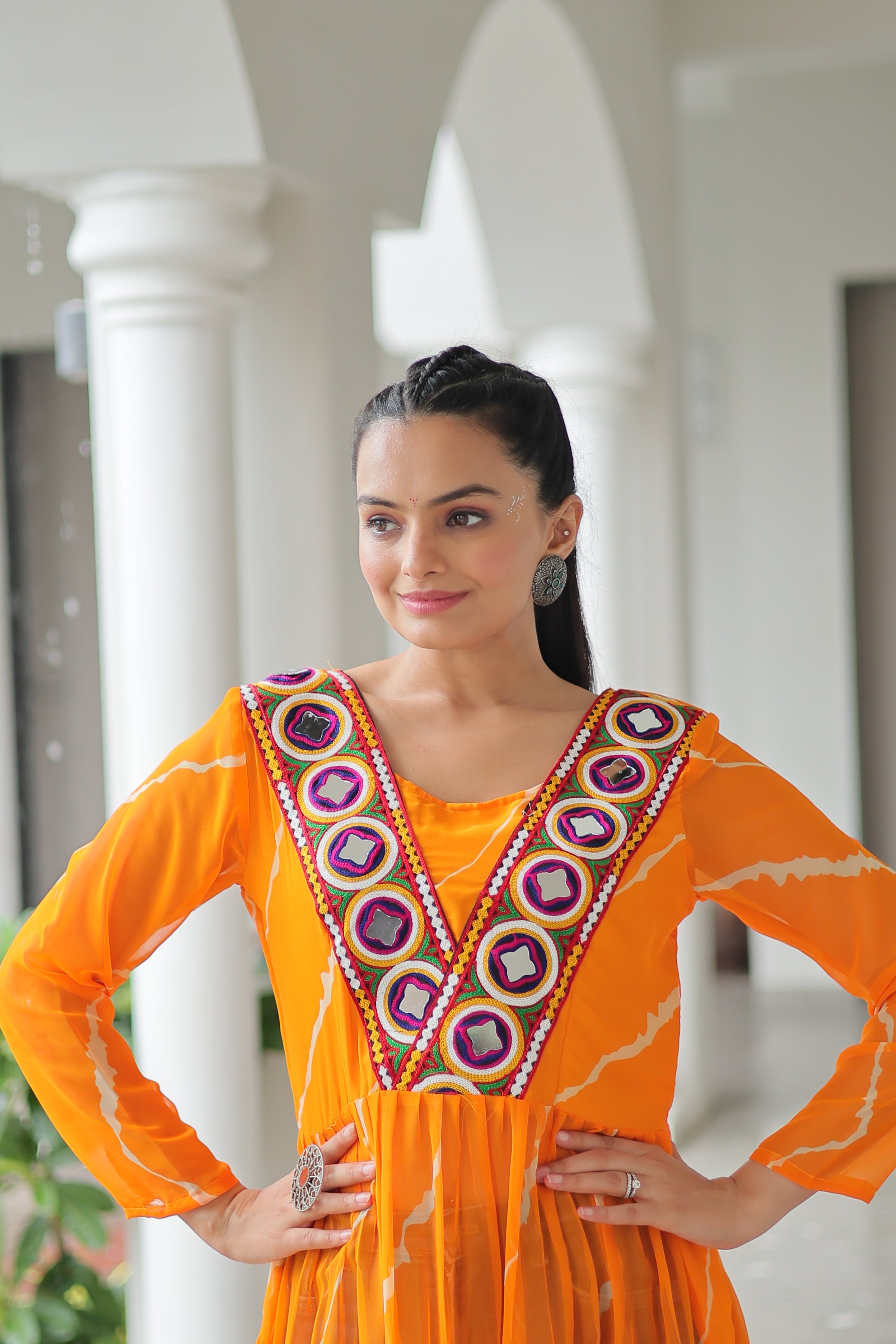 Traditional Bandhej Anarkali Dress with Vibrant Mirror Work Yoke