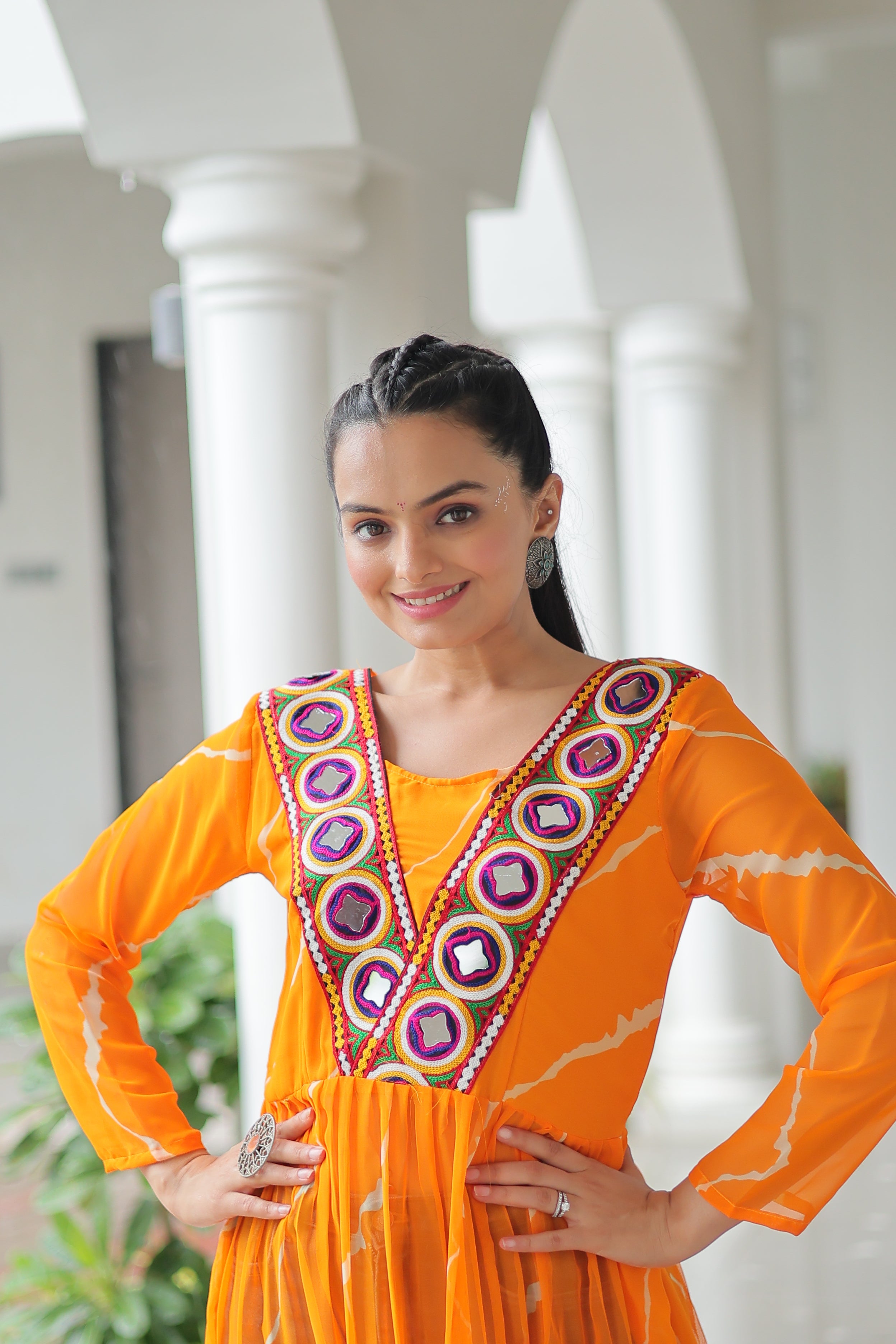 Traditional Bandhej Anarkali Dress with Vibrant Mirror Work Yoke