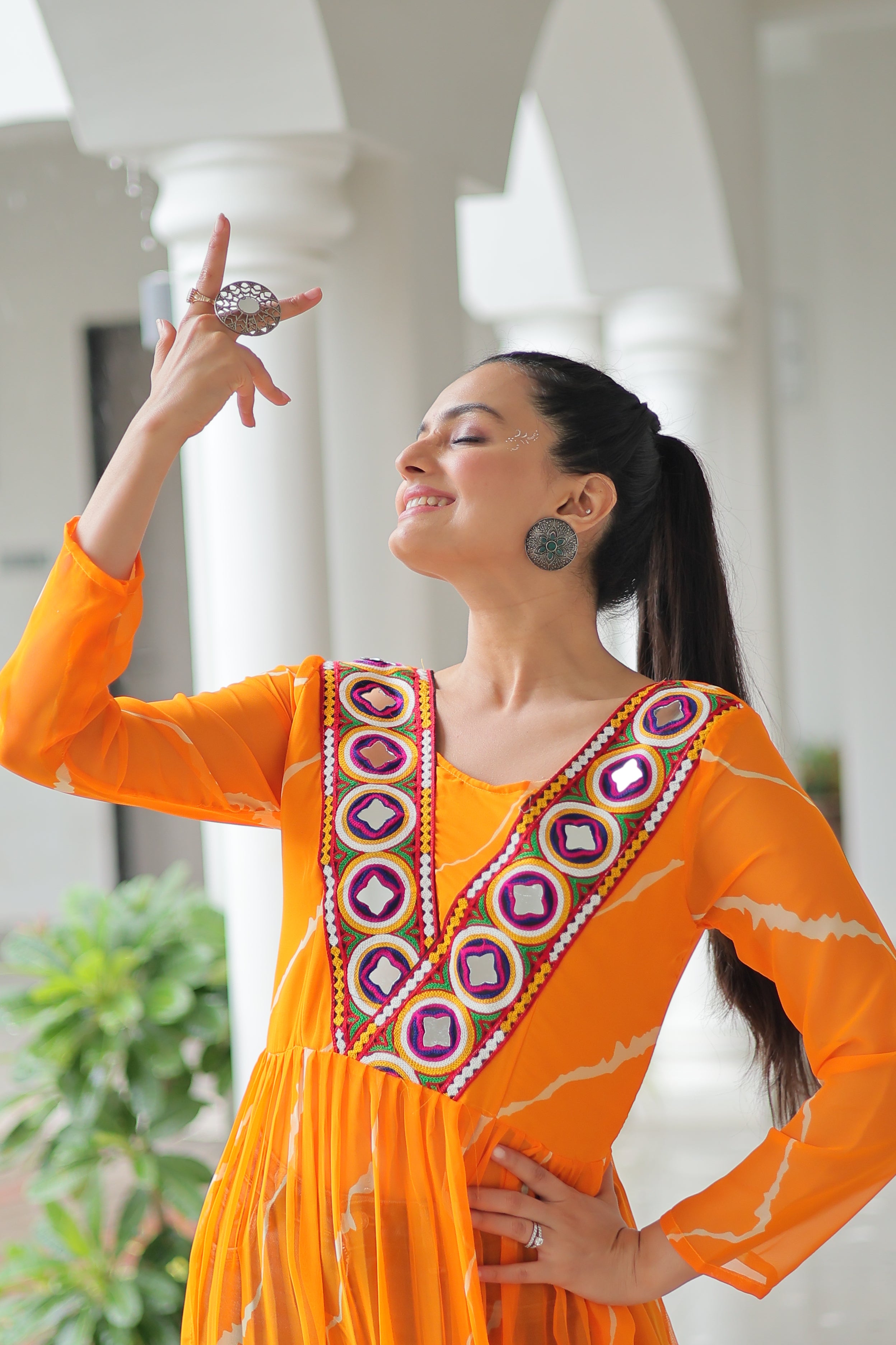 Traditional Bandhej Anarkali Dress with Vibrant Mirror Work Yoke