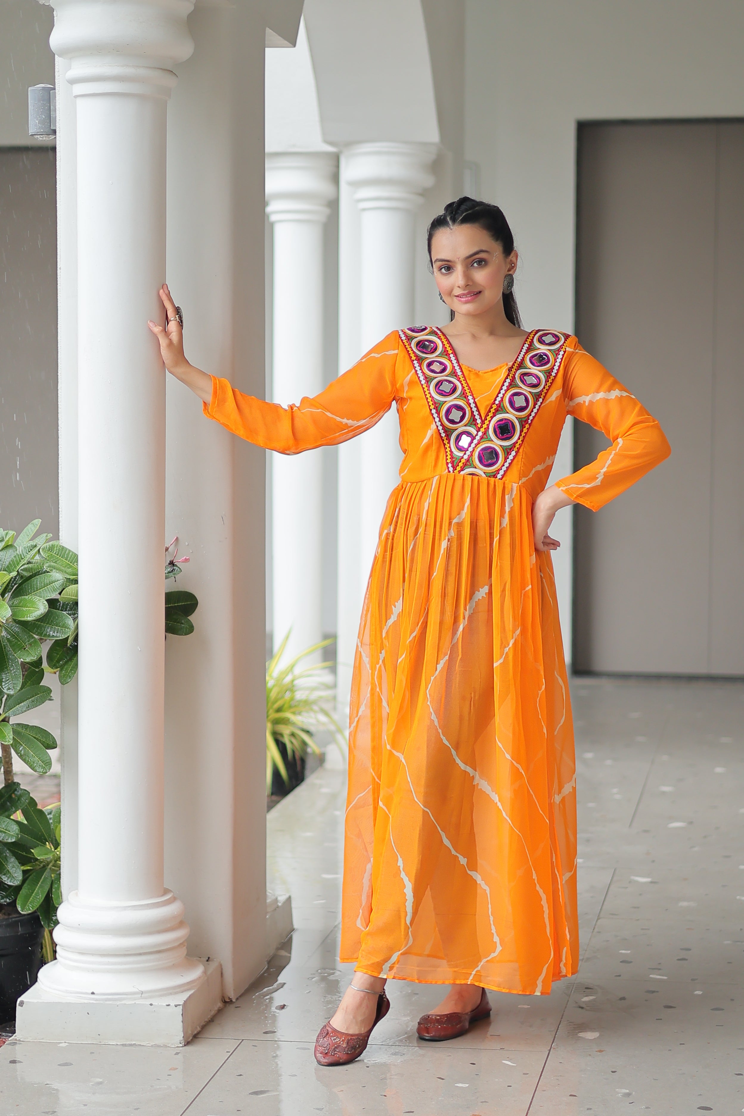 Traditional Bandhej Anarkali Dress with Vibrant Mirror Work Yoke