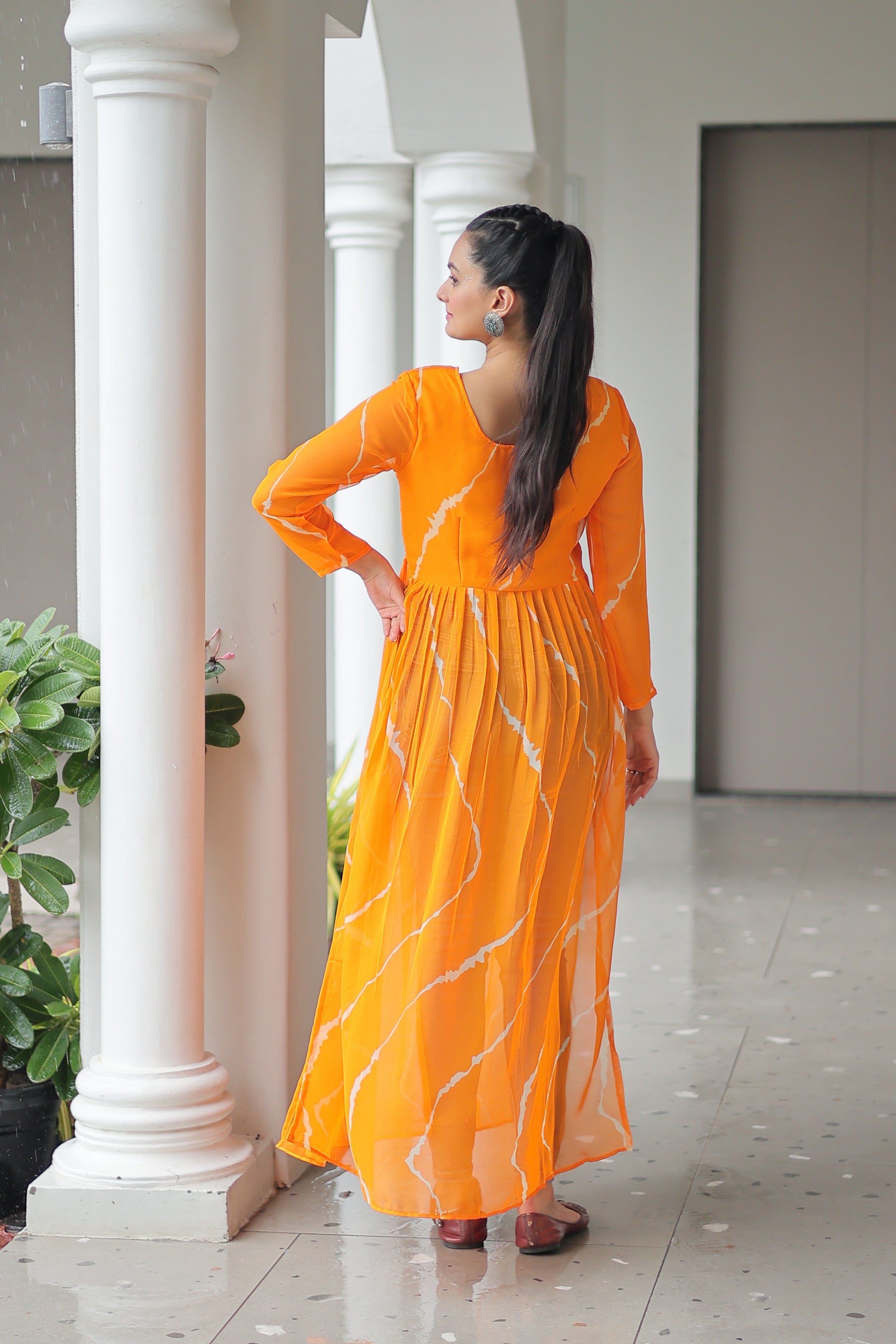 Traditional Bandhej Anarkali Dress with Vibrant Mirror Work Yoke