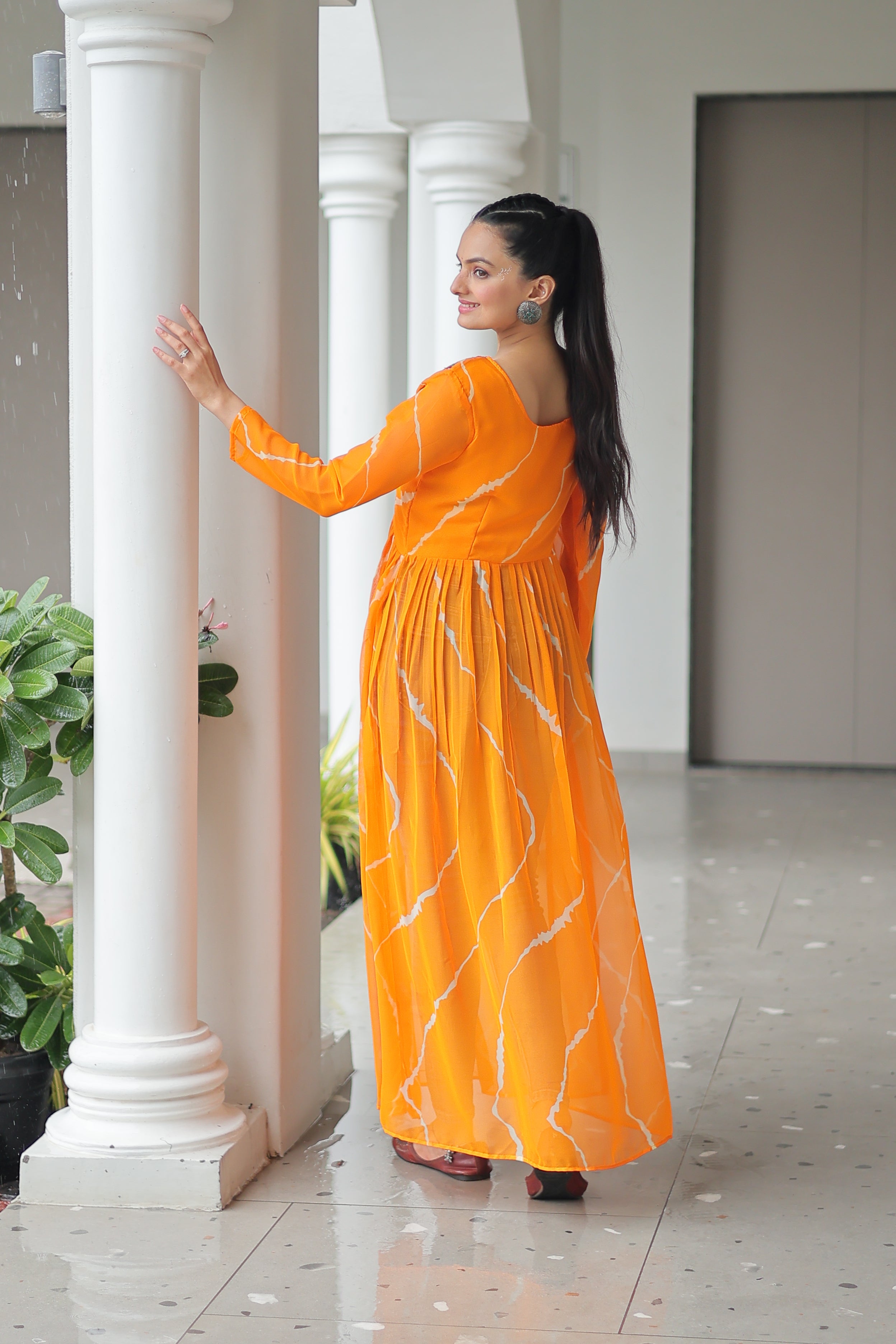Traditional Bandhej Anarkali Dress with Vibrant Mirror Work Yoke