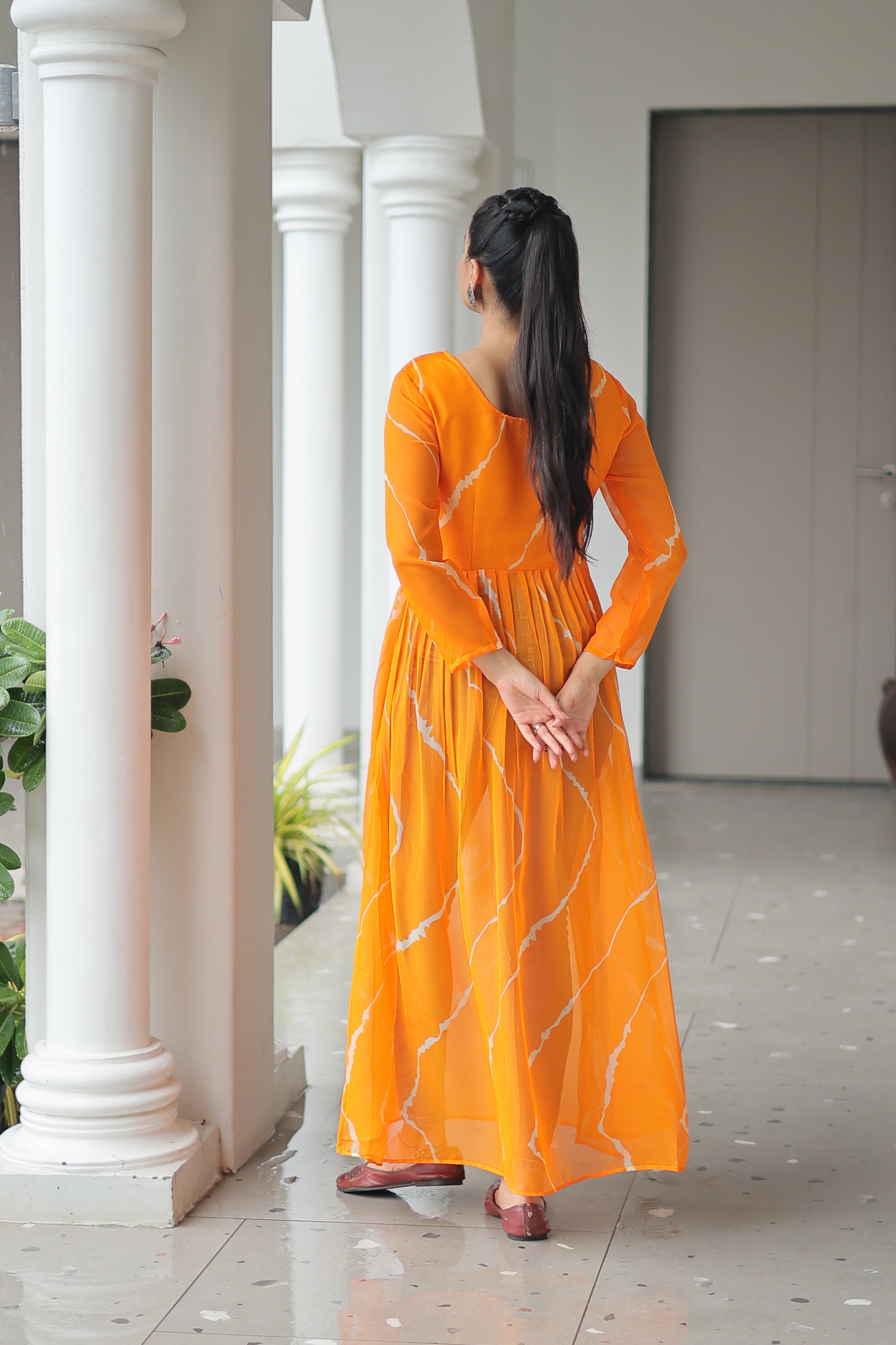 Traditional Bandhej Anarkali Dress with Vibrant Mirror Work Yoke