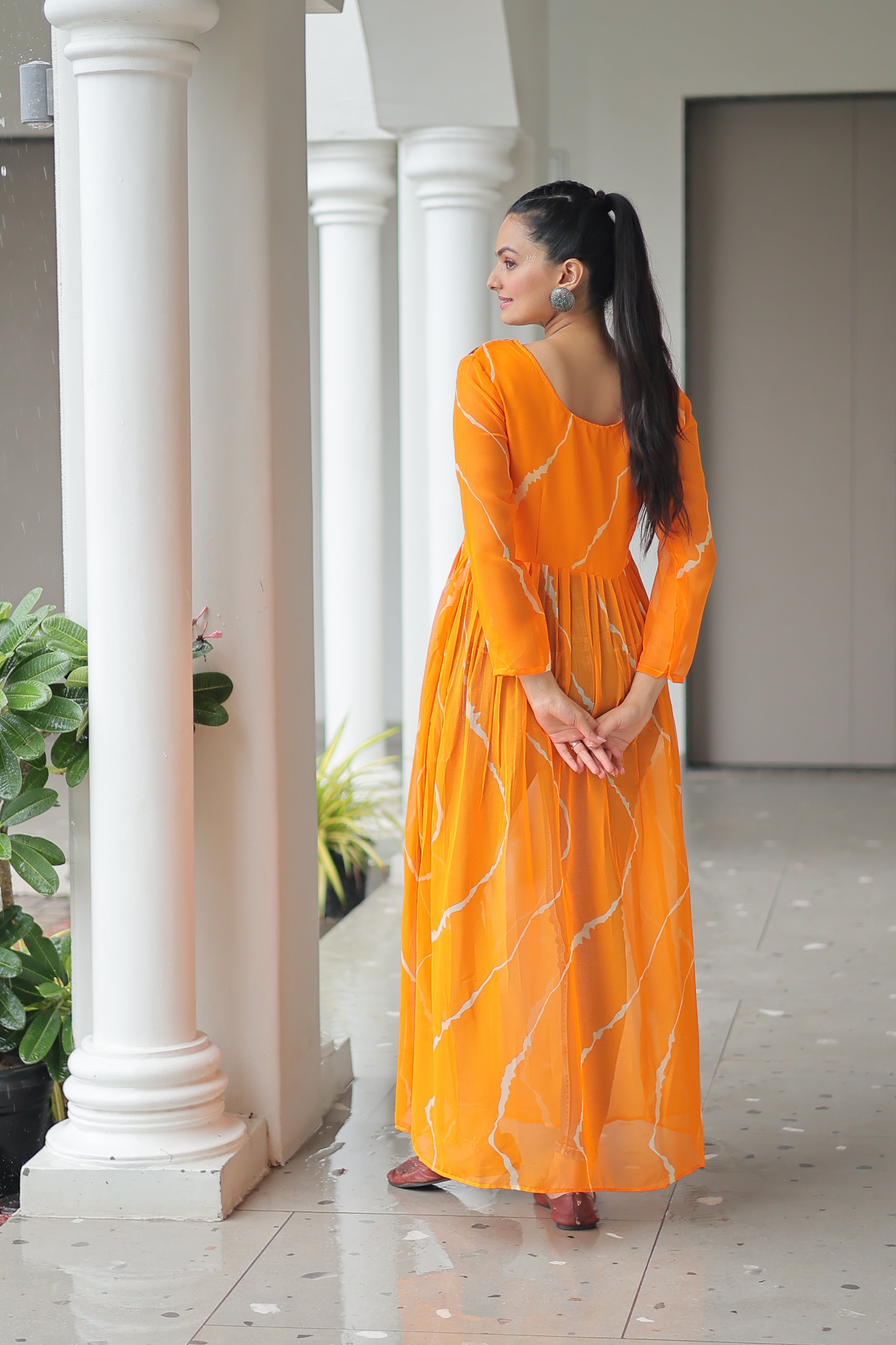 Traditional Bandhej Anarkali Dress with Vibrant Mirror Work Yoke
