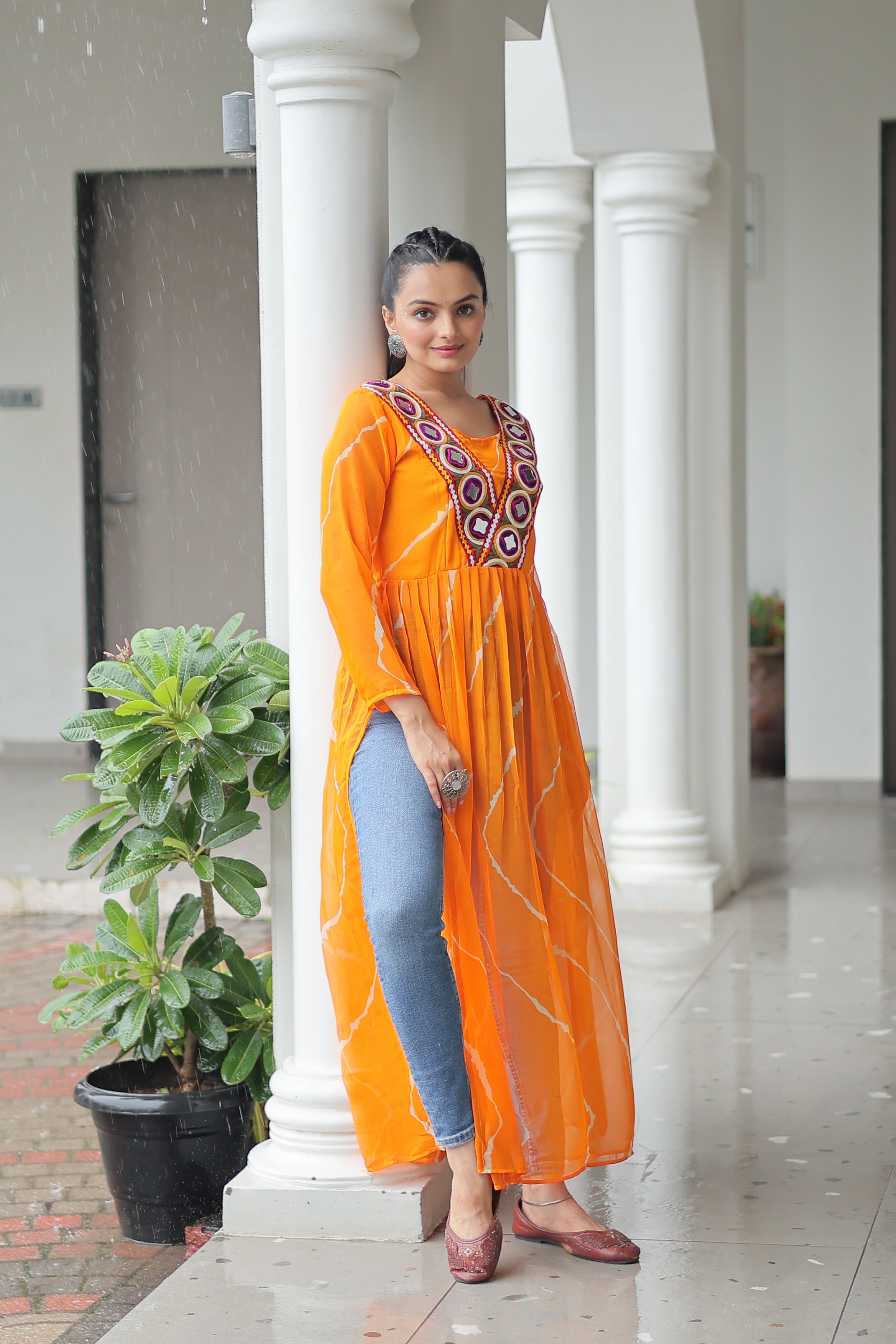 Traditional Bandhej Anarkali Dress with Vibrant Mirror Work Yoke