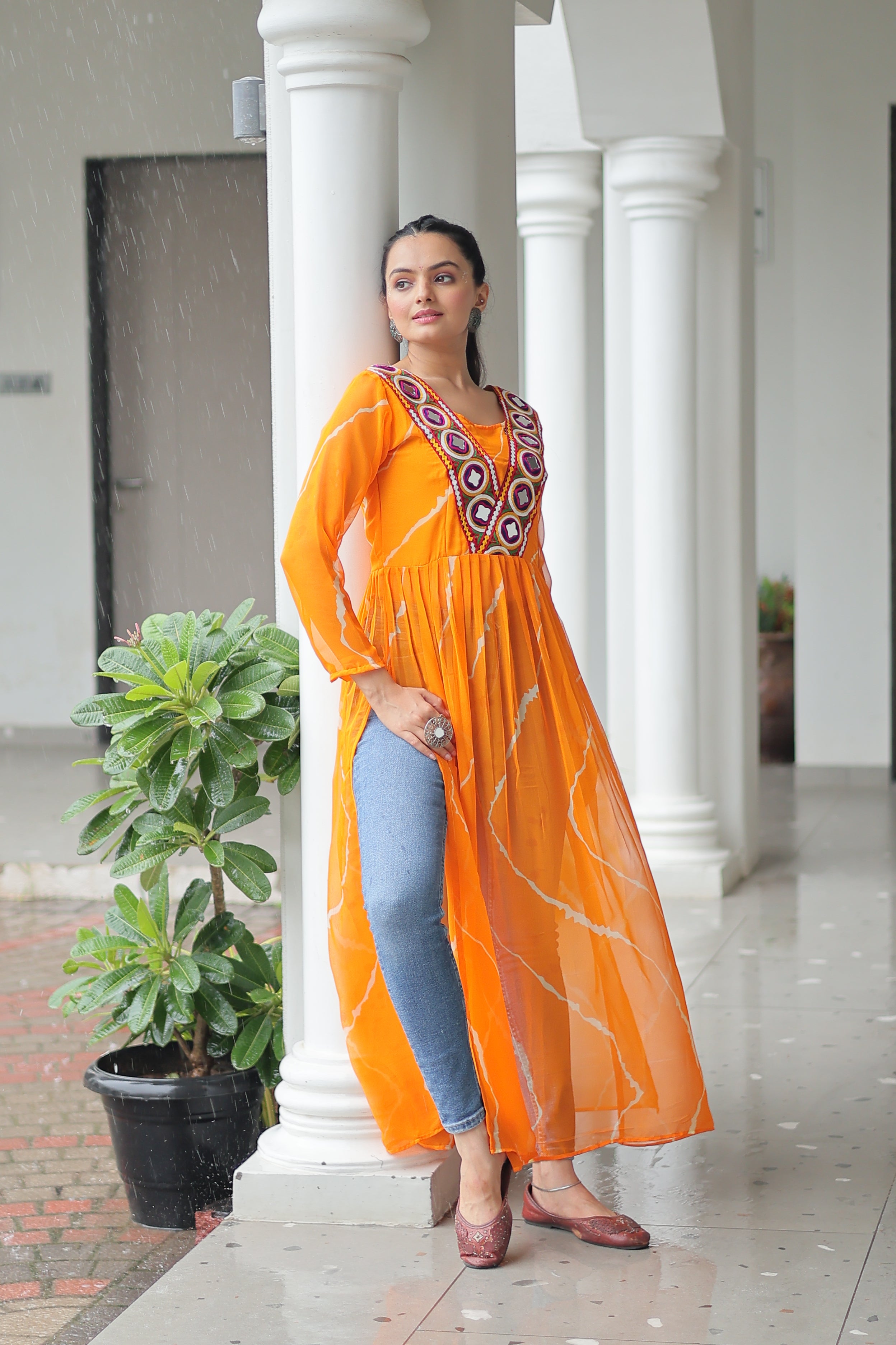 Traditional Bandhej Anarkali Dress with Vibrant Mirror Work Yoke