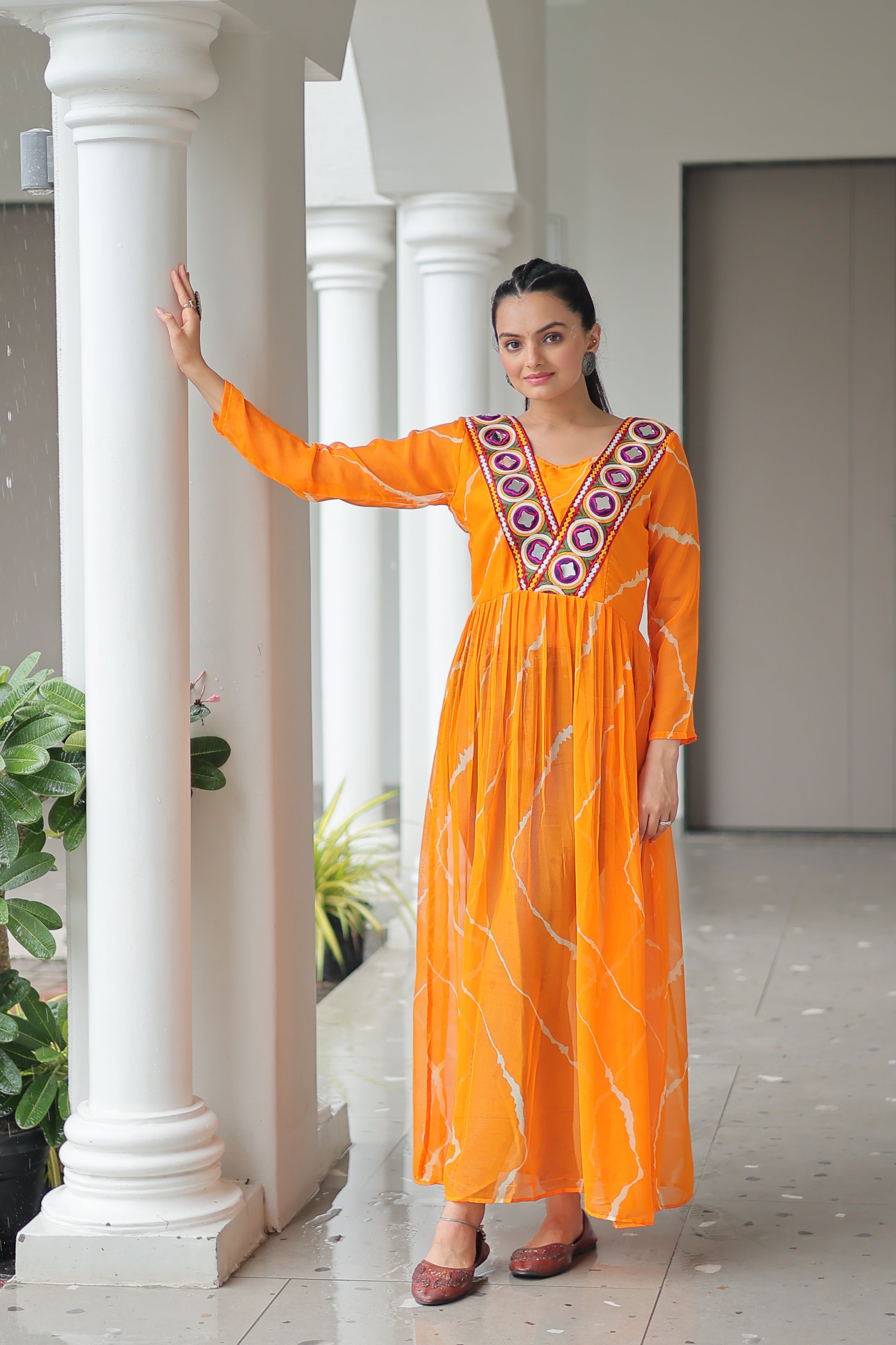 Traditional Bandhej Anarkali Dress with Vibrant Mirror Work Yoke