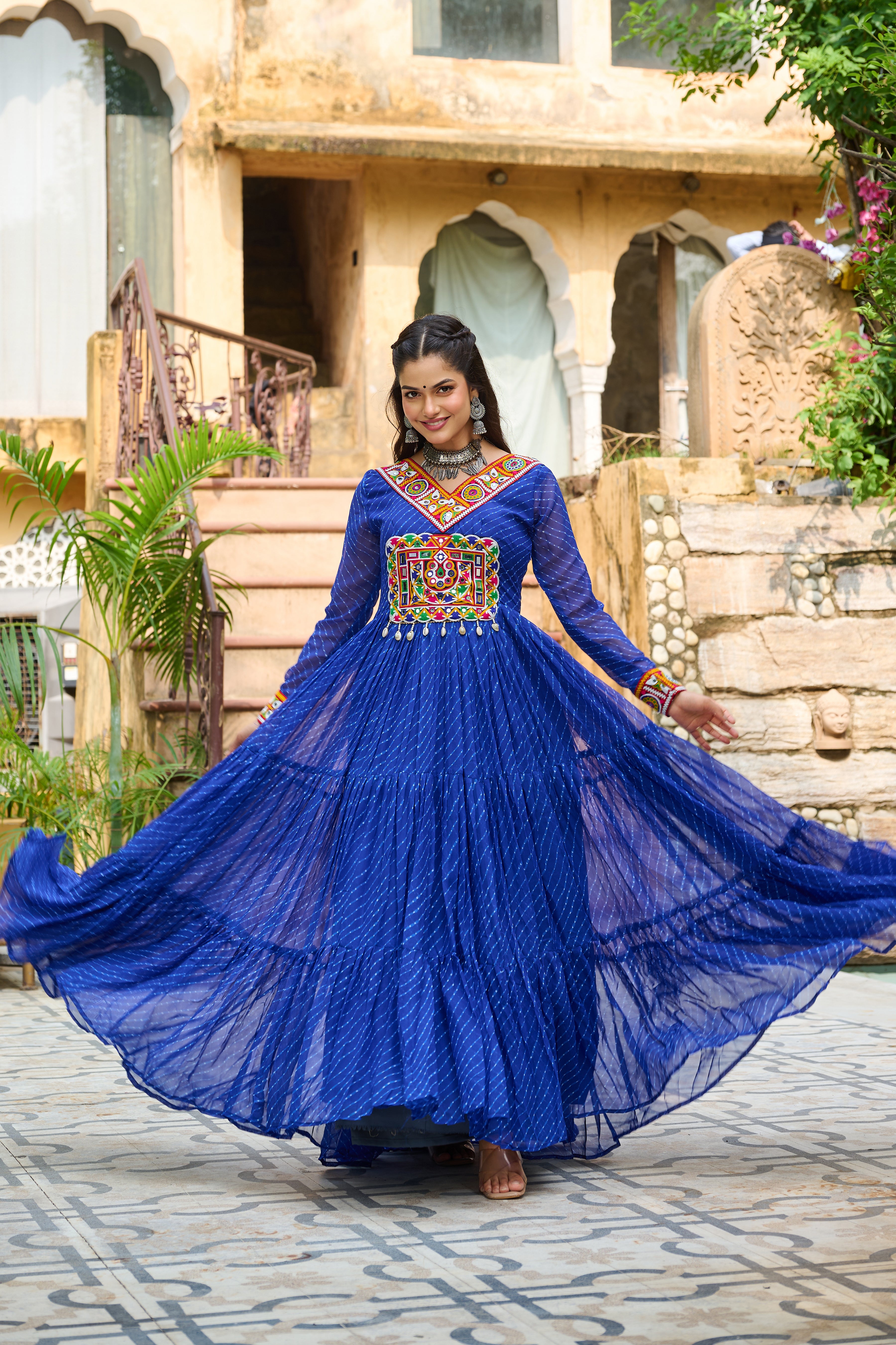Traditional Bandhej Anarkali Dress with Kutchi Mirror Embroidery