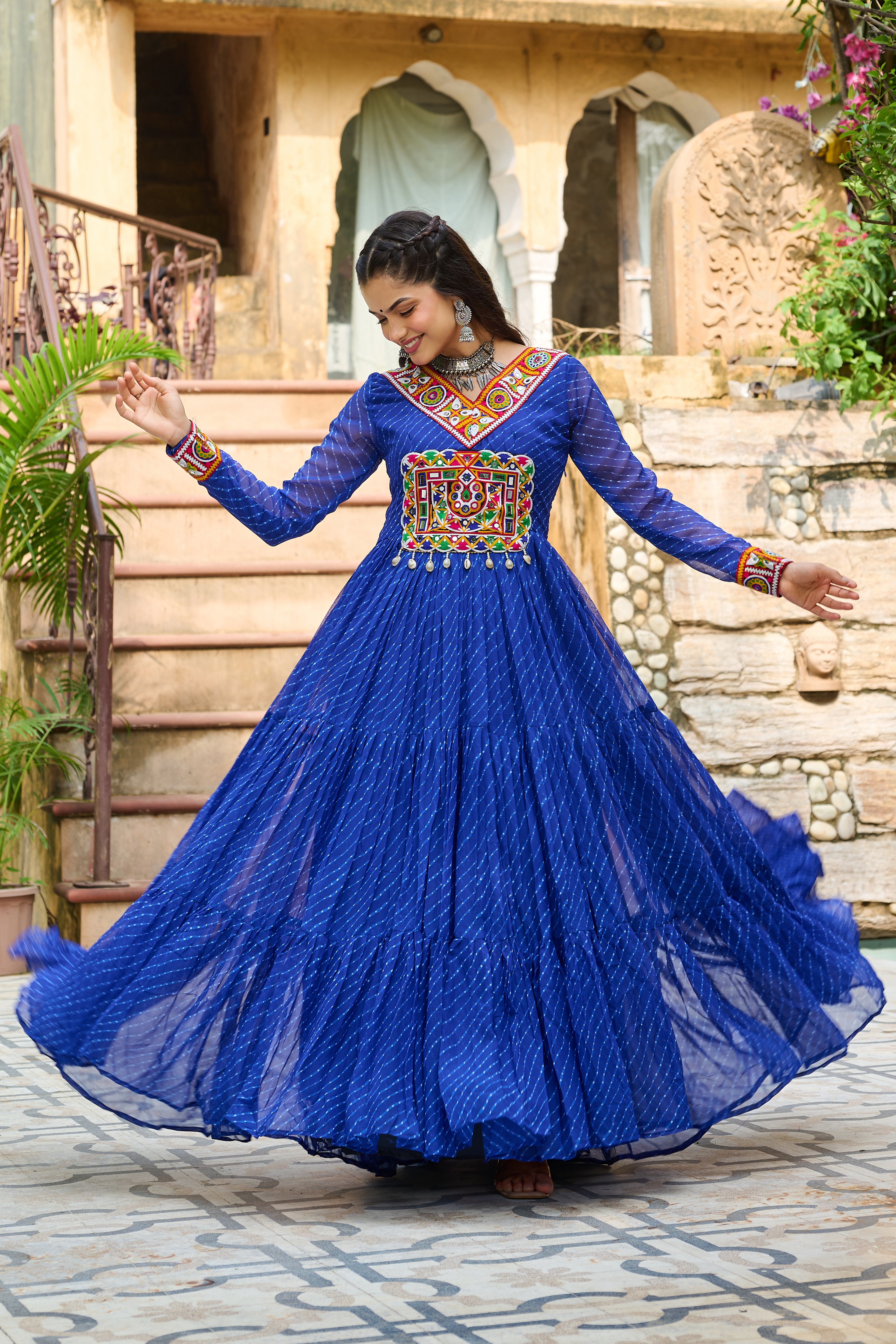 Traditional Bandhej Anarkali Dress with Kutchi Mirror Embroidery