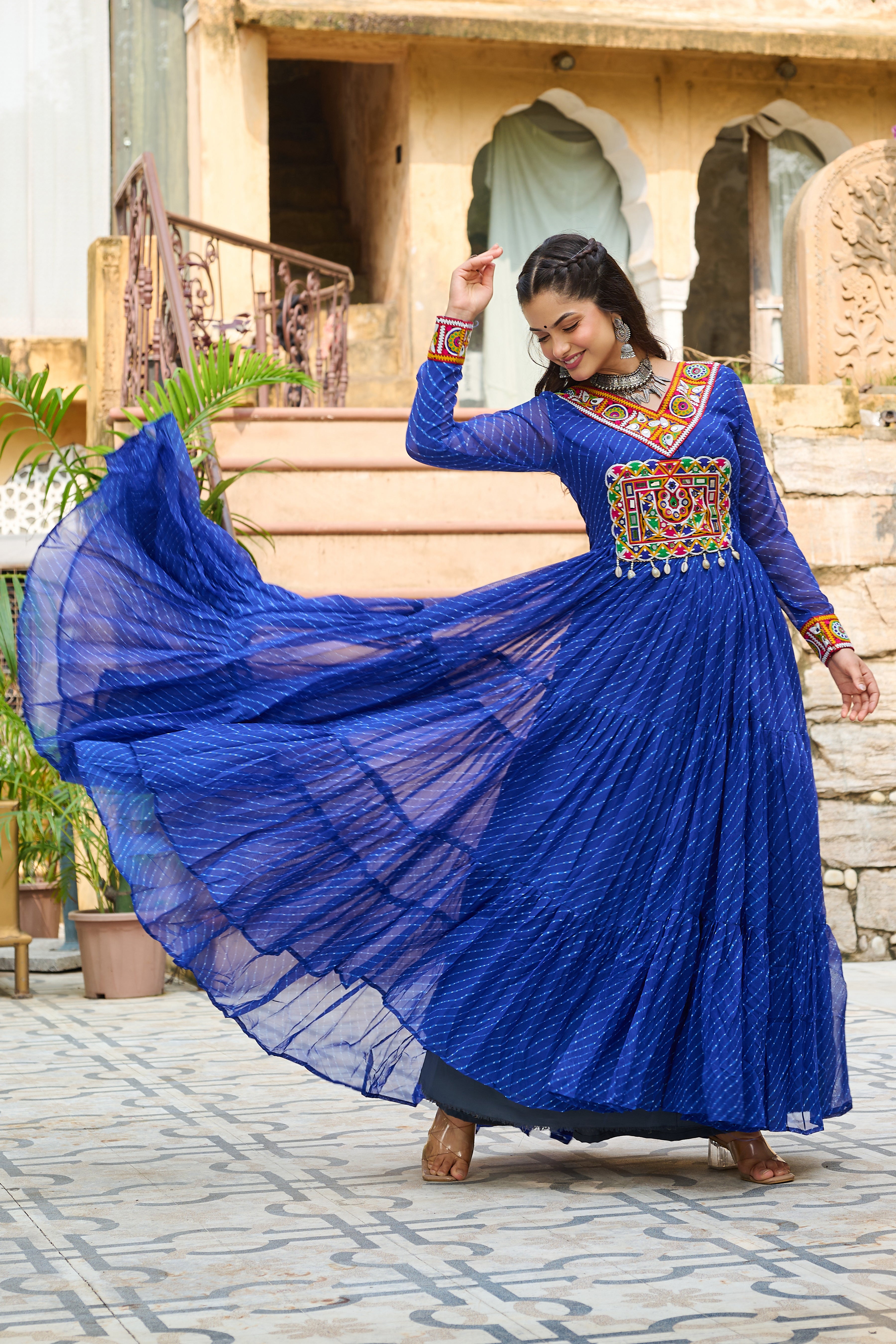 Traditional Bandhej Anarkali Dress with Kutchi Mirror Embroidery