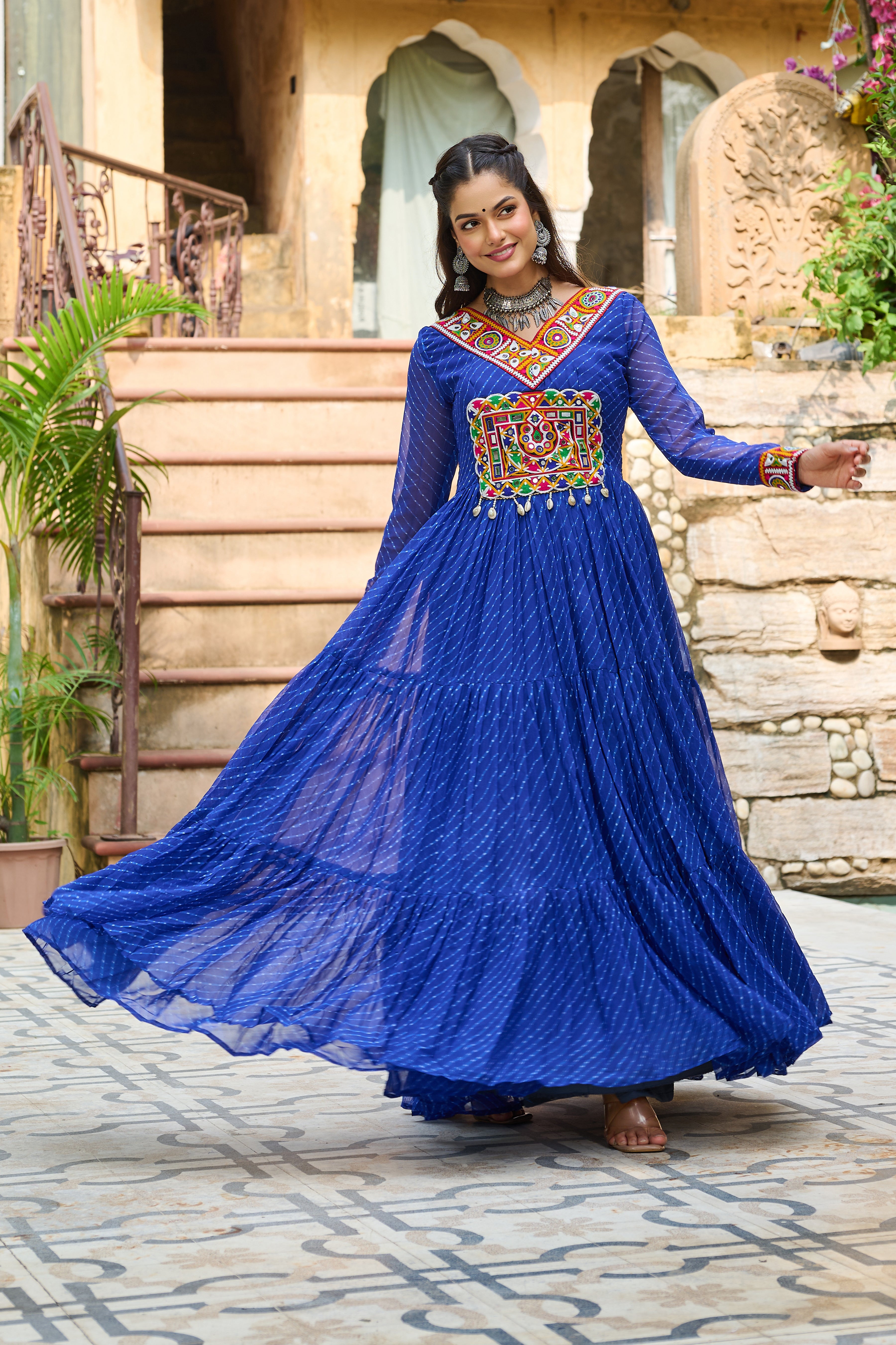Traditional Bandhej Anarkali Dress with Kutchi Mirror Embroidery