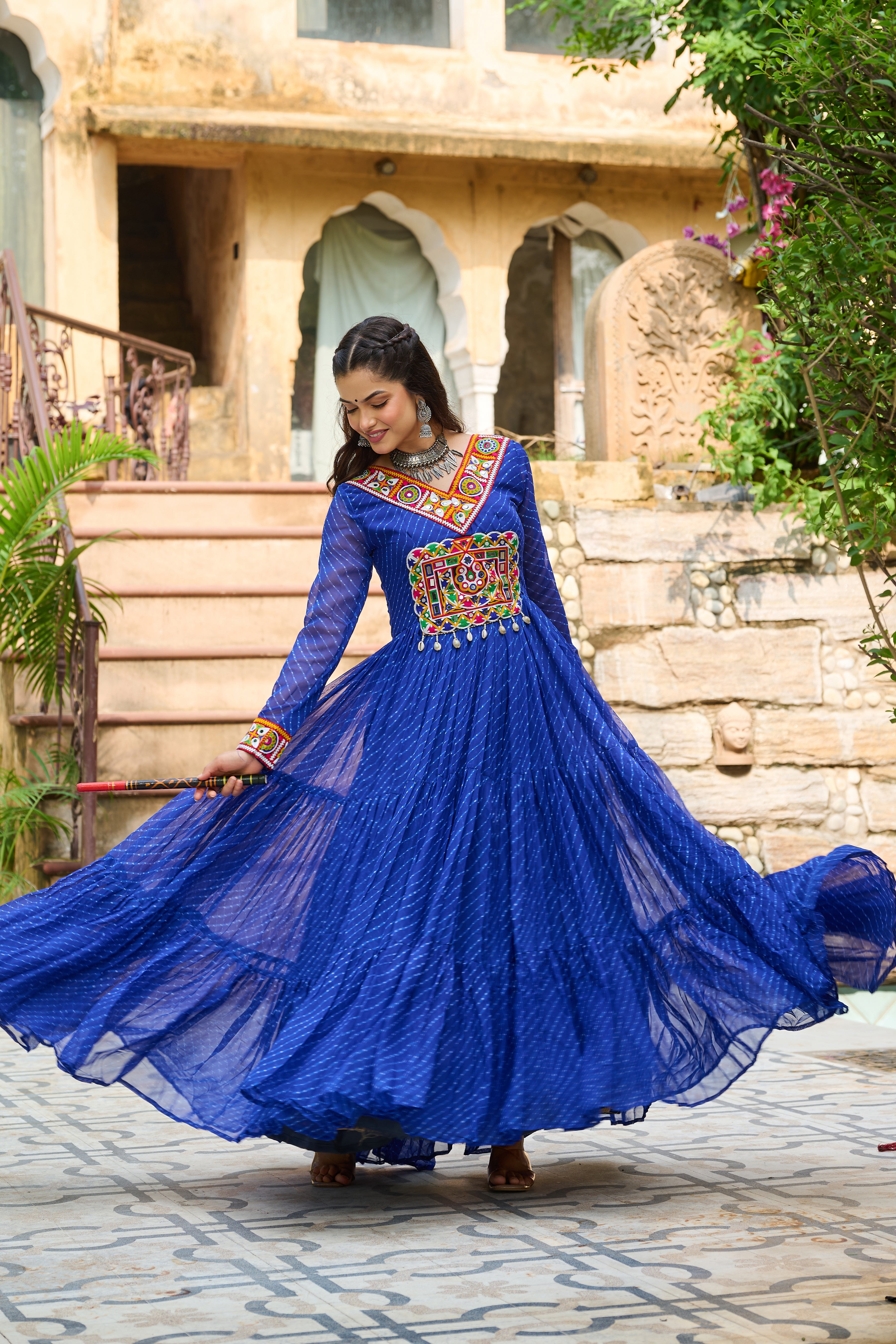 Traditional Bandhej Anarkali Dress with Kutchi Mirror Embroidery