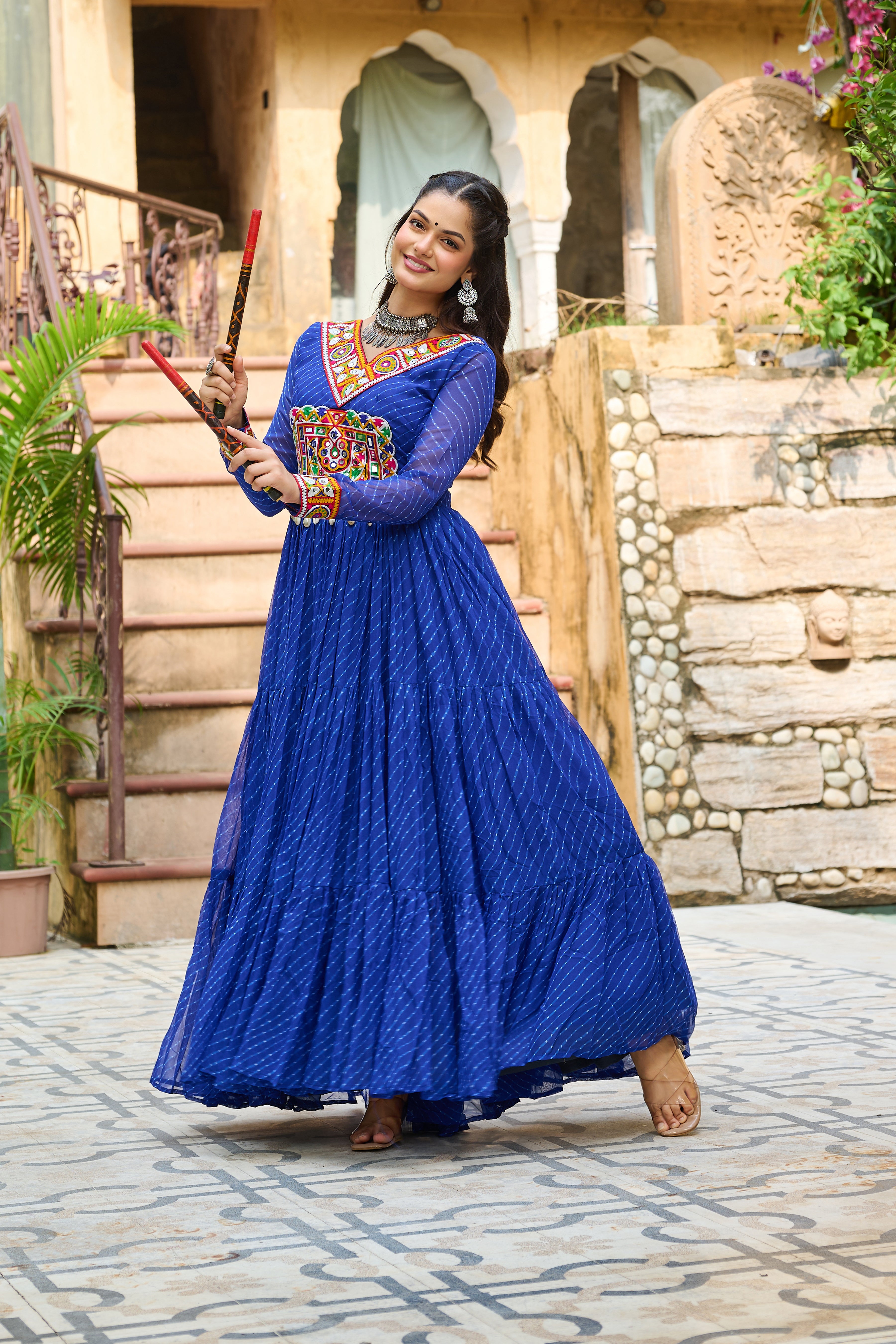 Traditional Bandhej Anarkali Dress with Kutchi Mirror Embroidery