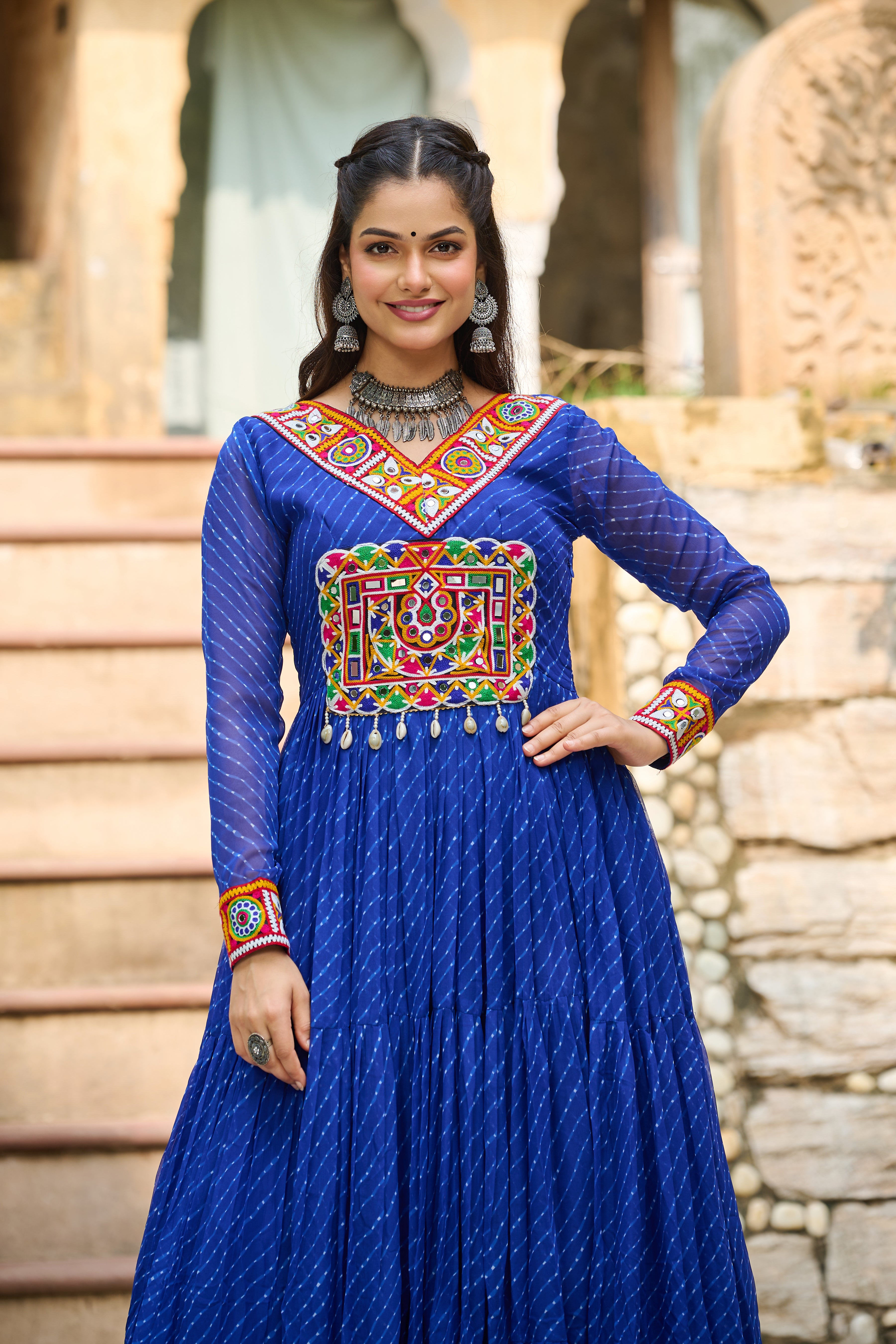 Traditional Bandhej Anarkali Dress with Kutchi Mirror Embroidery