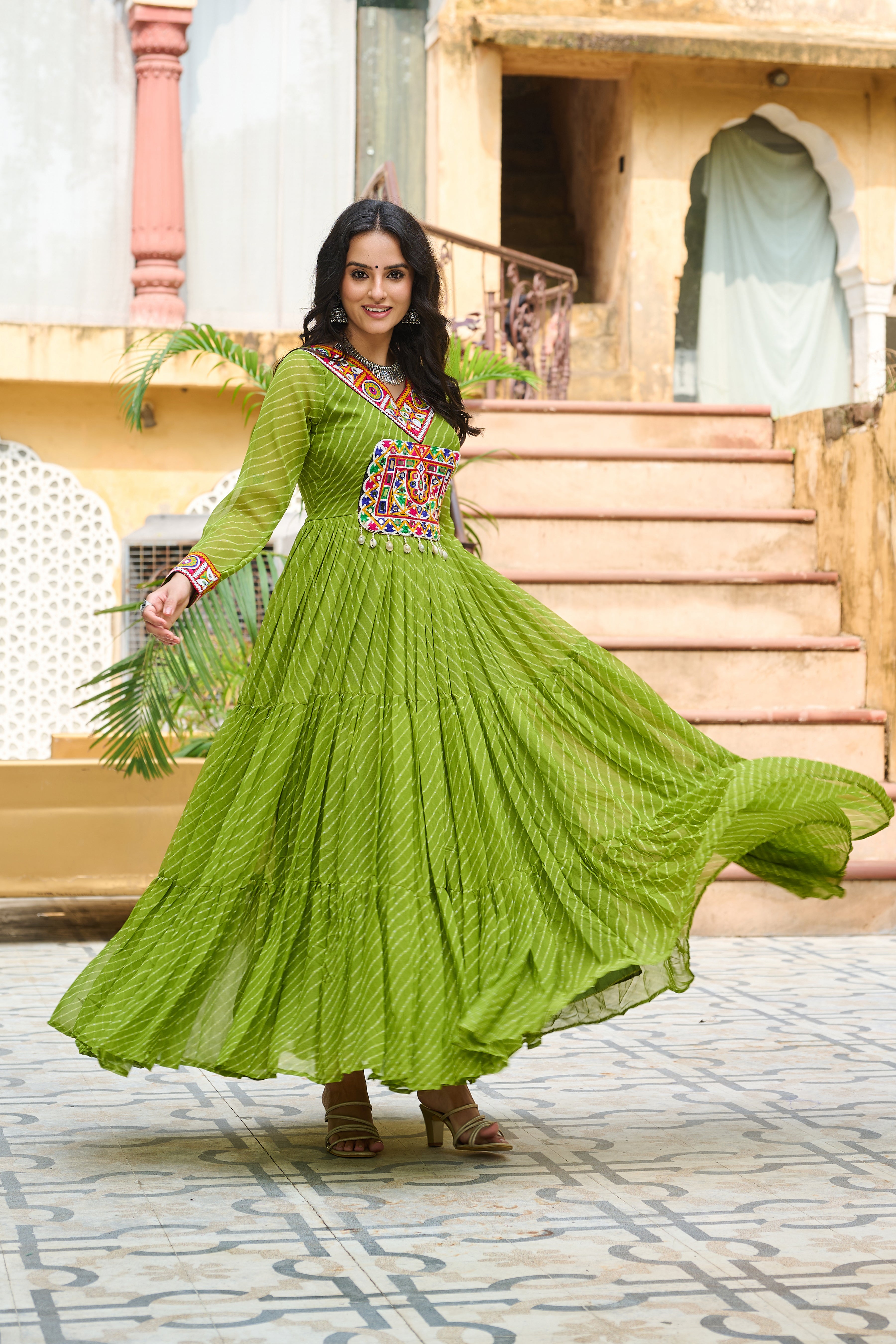 Traditional Bandhej Anarkali Dress with Kutchi Mirror Embroidery