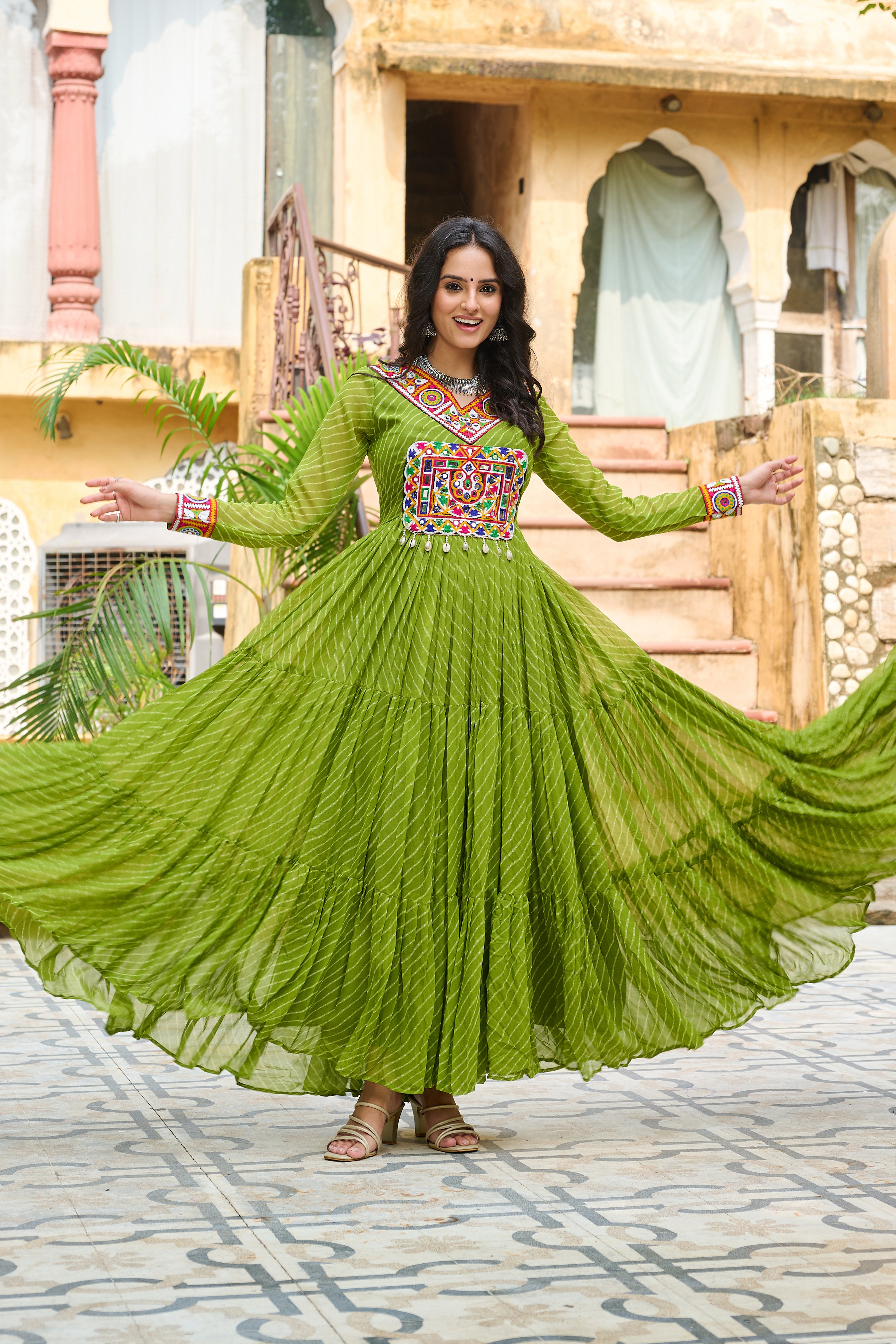 Traditional Bandhej Anarkali Dress with Kutchi Mirror Embroidery
