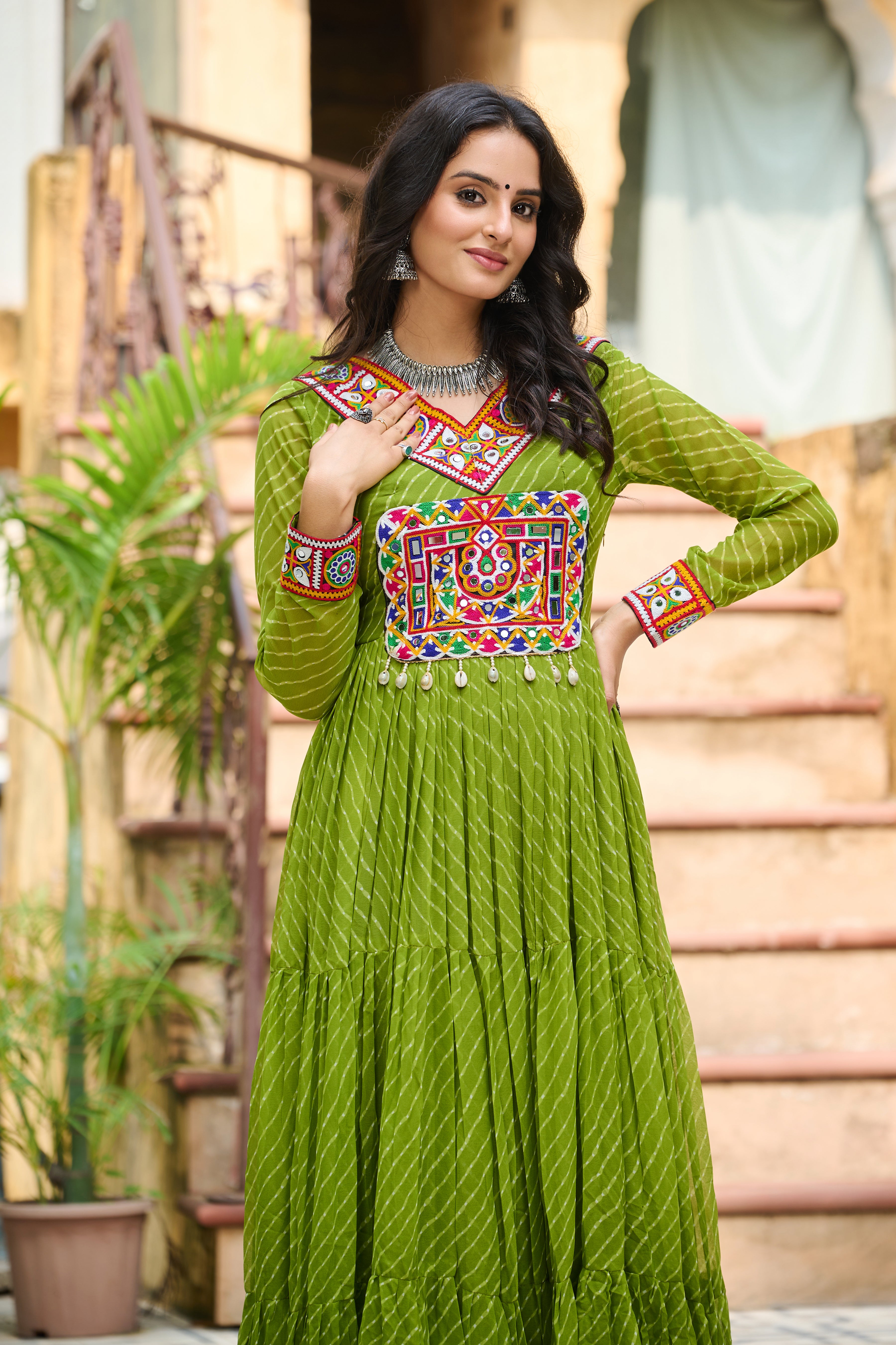 Traditional Bandhej Anarkali Dress with Kutchi Mirror Embroidery