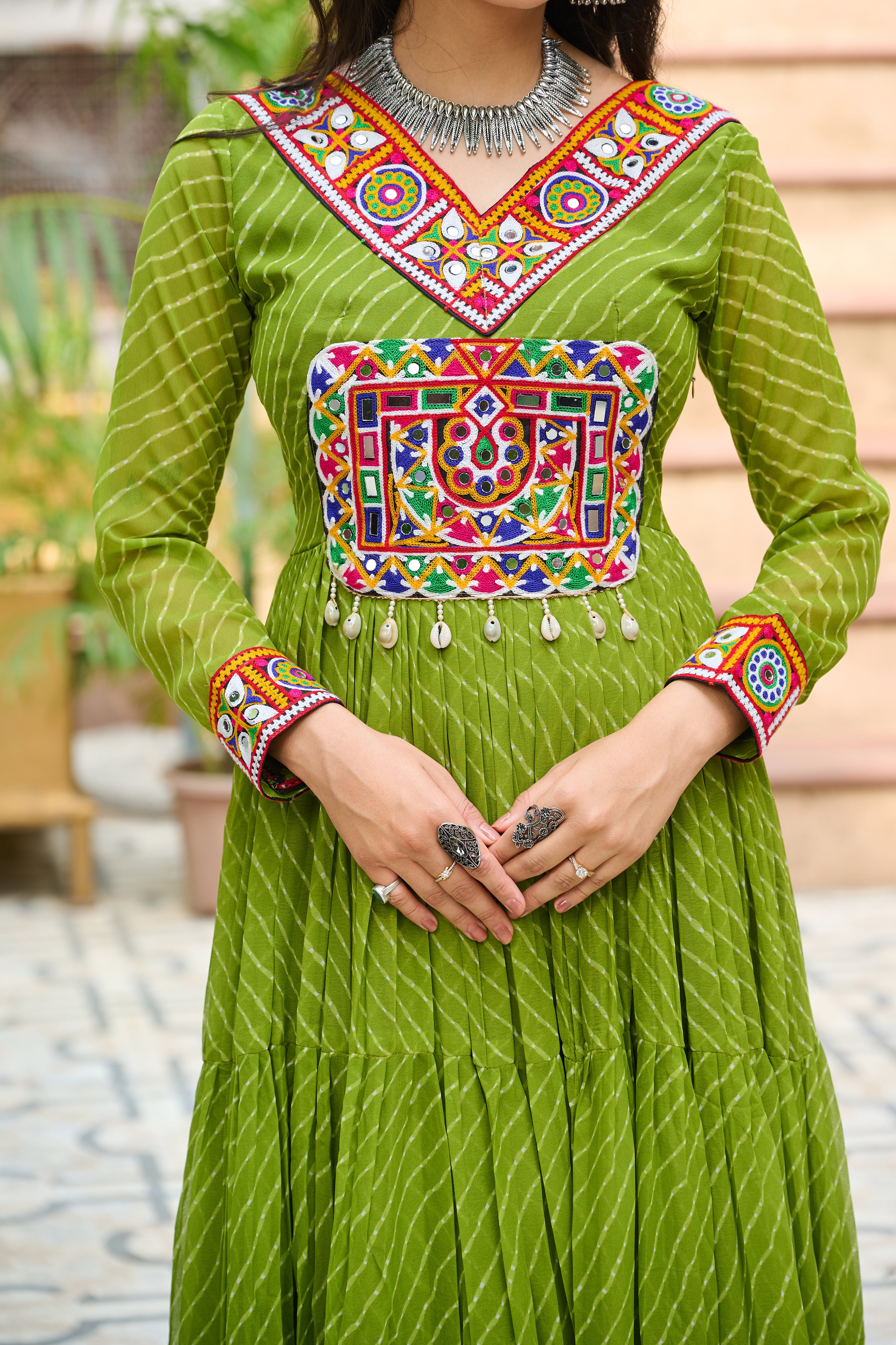 Traditional Bandhej Anarkali Dress with Kutchi Mirror Embroidery