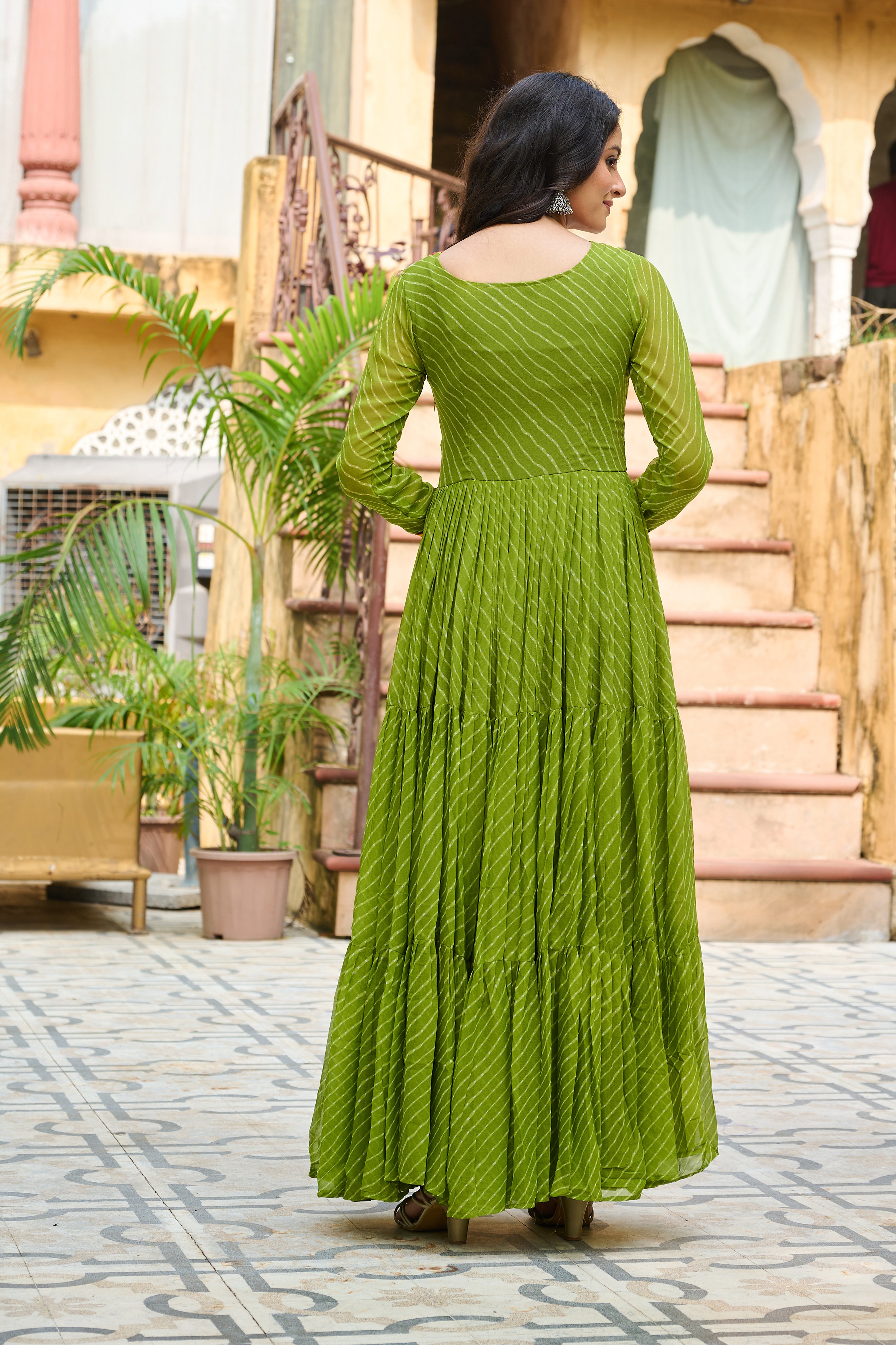 Traditional Bandhej Anarkali Dress with Kutchi Mirror Embroidery