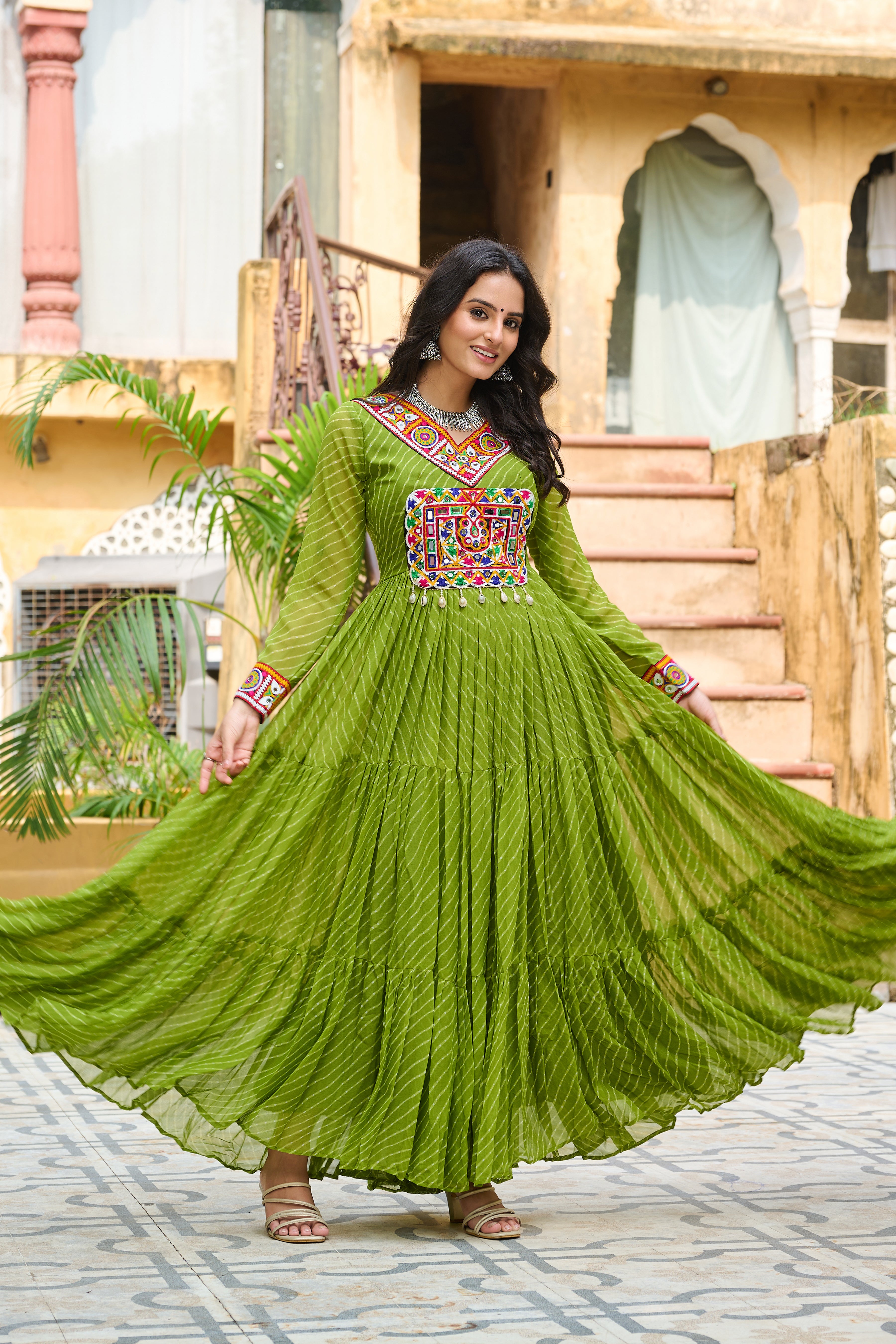 Traditional Bandhej Anarkali Dress with Kutchi Mirror Embroidery