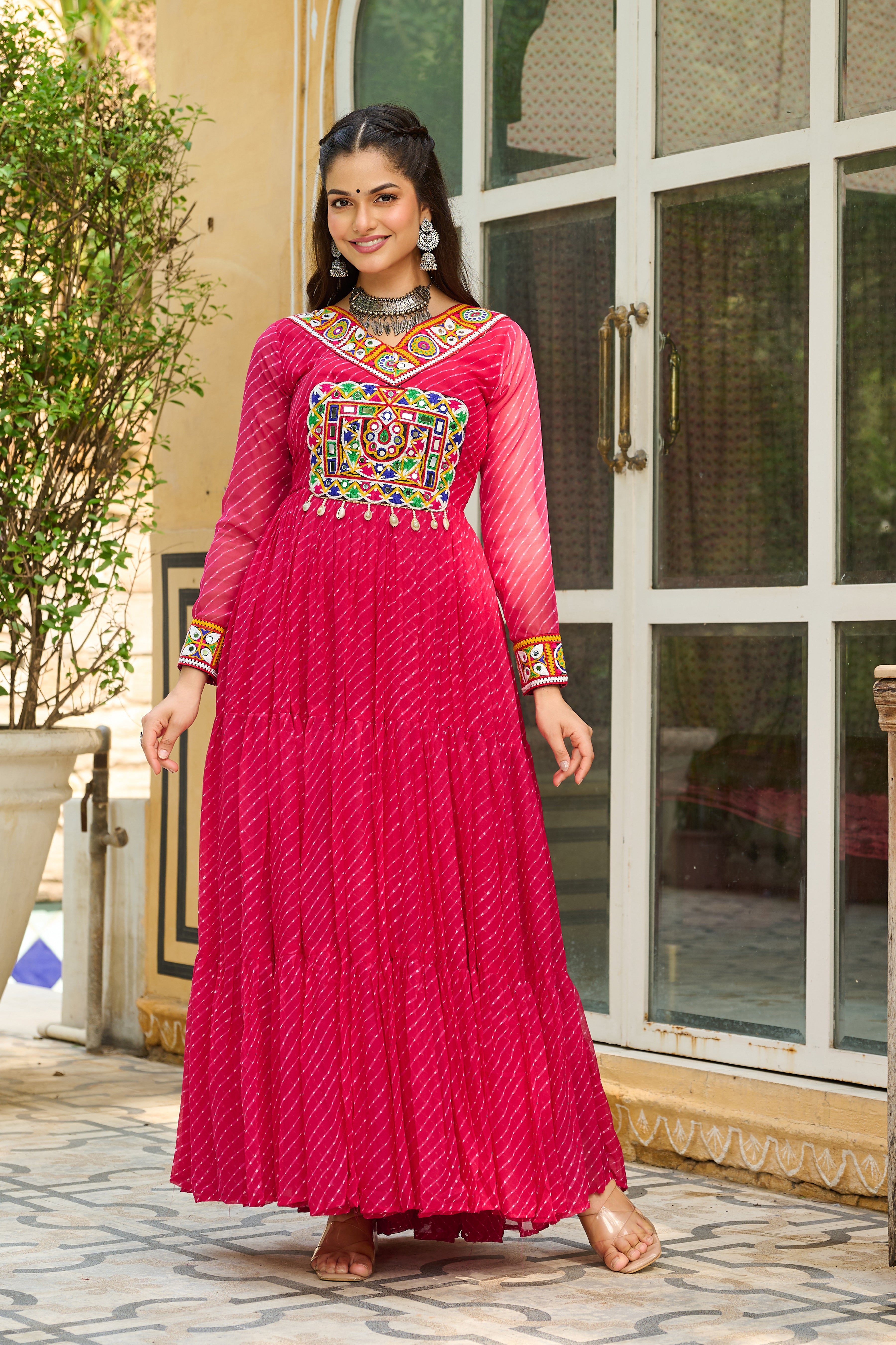 Traditional Bandhej Anarkali Dress with Kutchi Mirror Embroidery