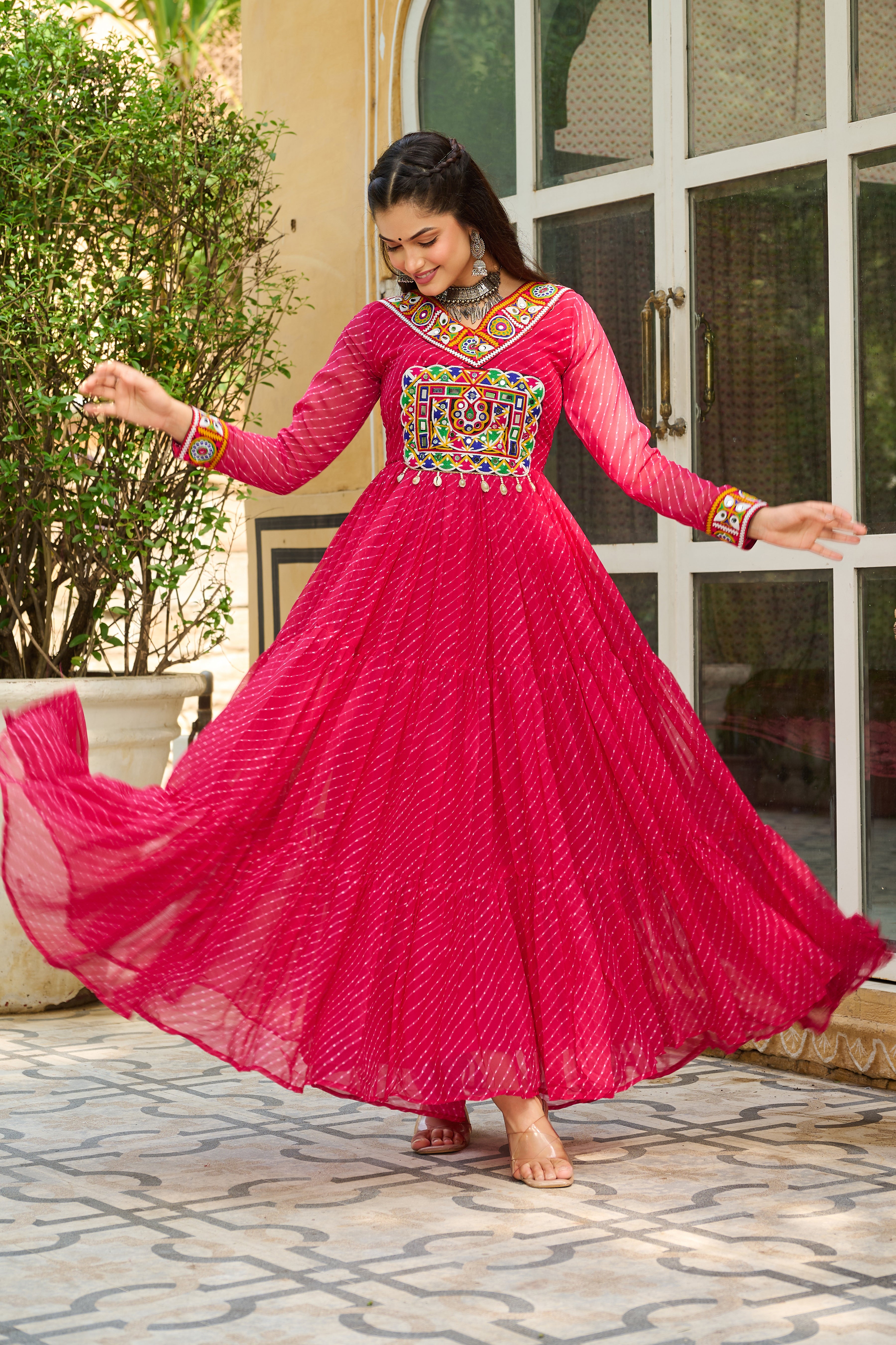 Traditional Bandhej Anarkali Dress with Kutchi Mirror Embroidery