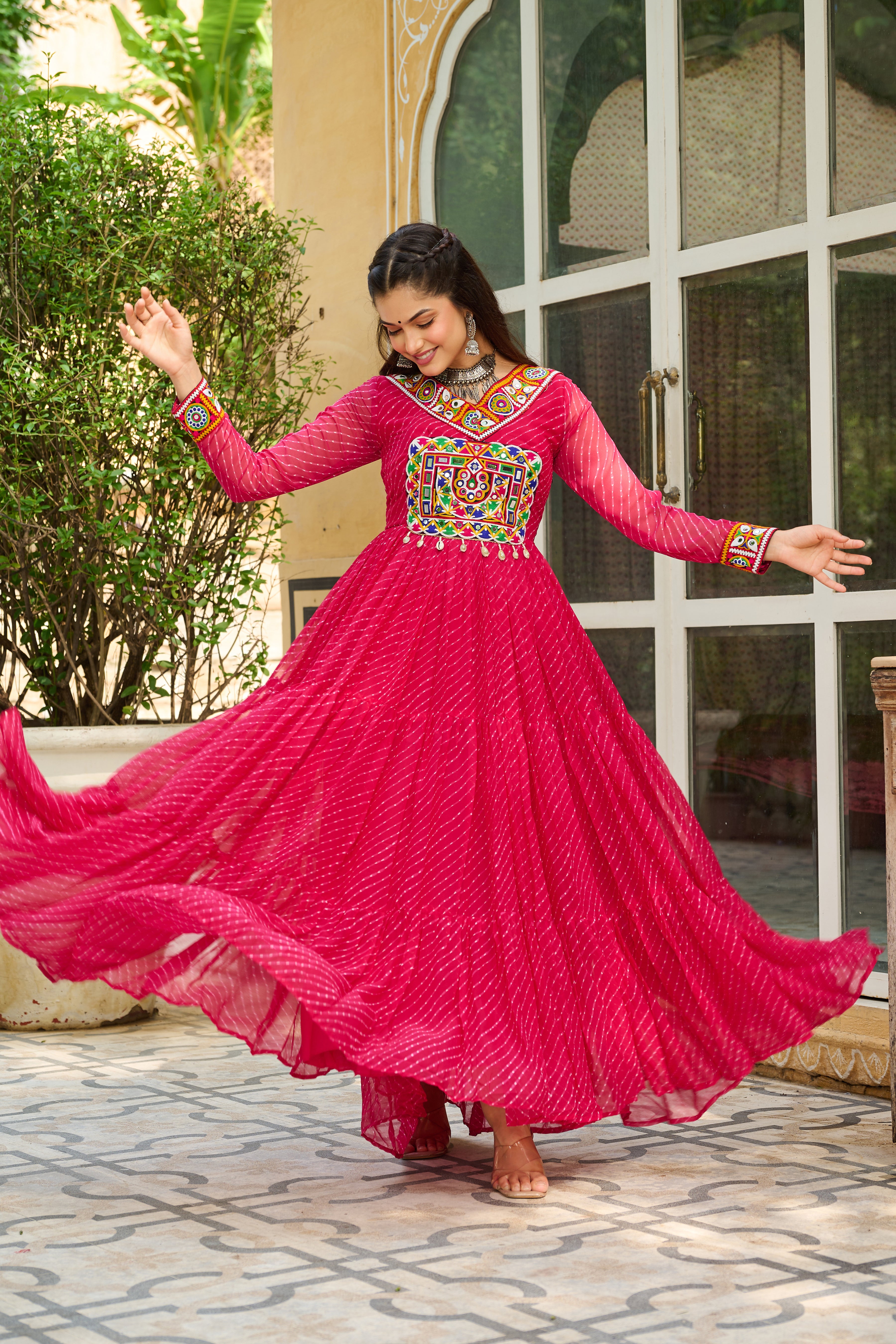 Traditional Bandhej Anarkali Dress with Kutchi Mirror Embroidery