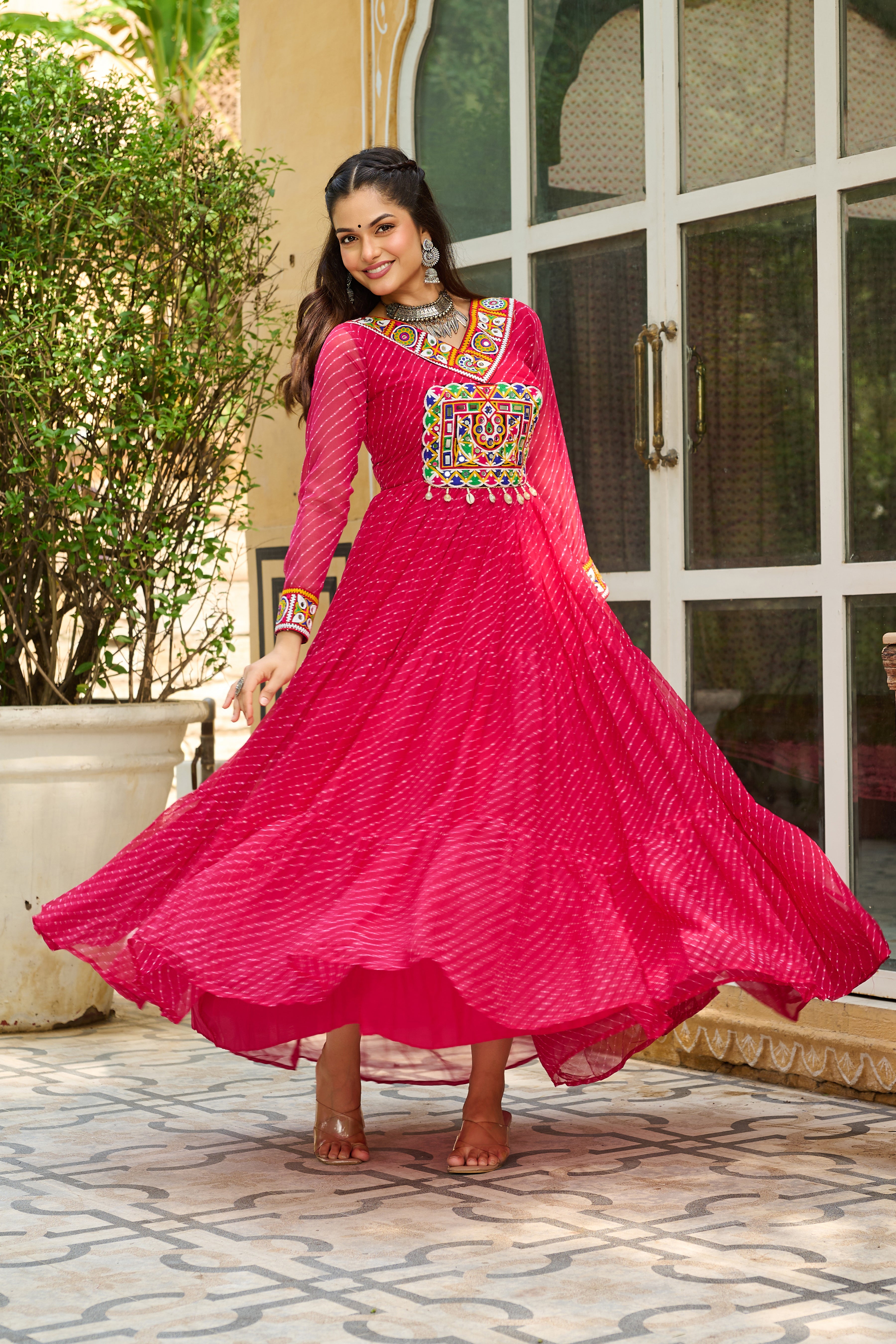 Traditional Bandhej Anarkali Dress with Kutchi Mirror Embroidery