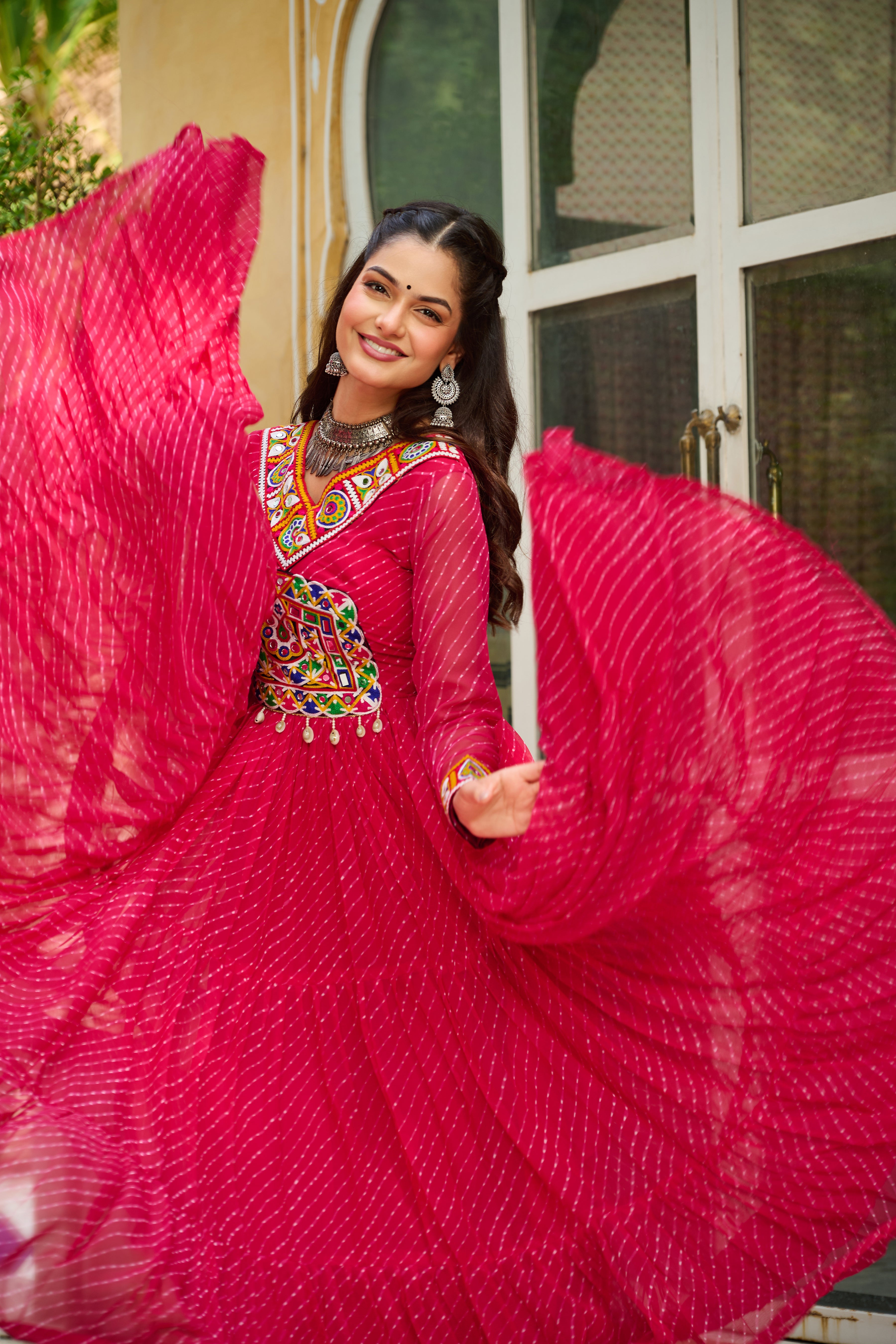 Traditional Bandhej Anarkali Dress with Kutchi Mirror Embroidery