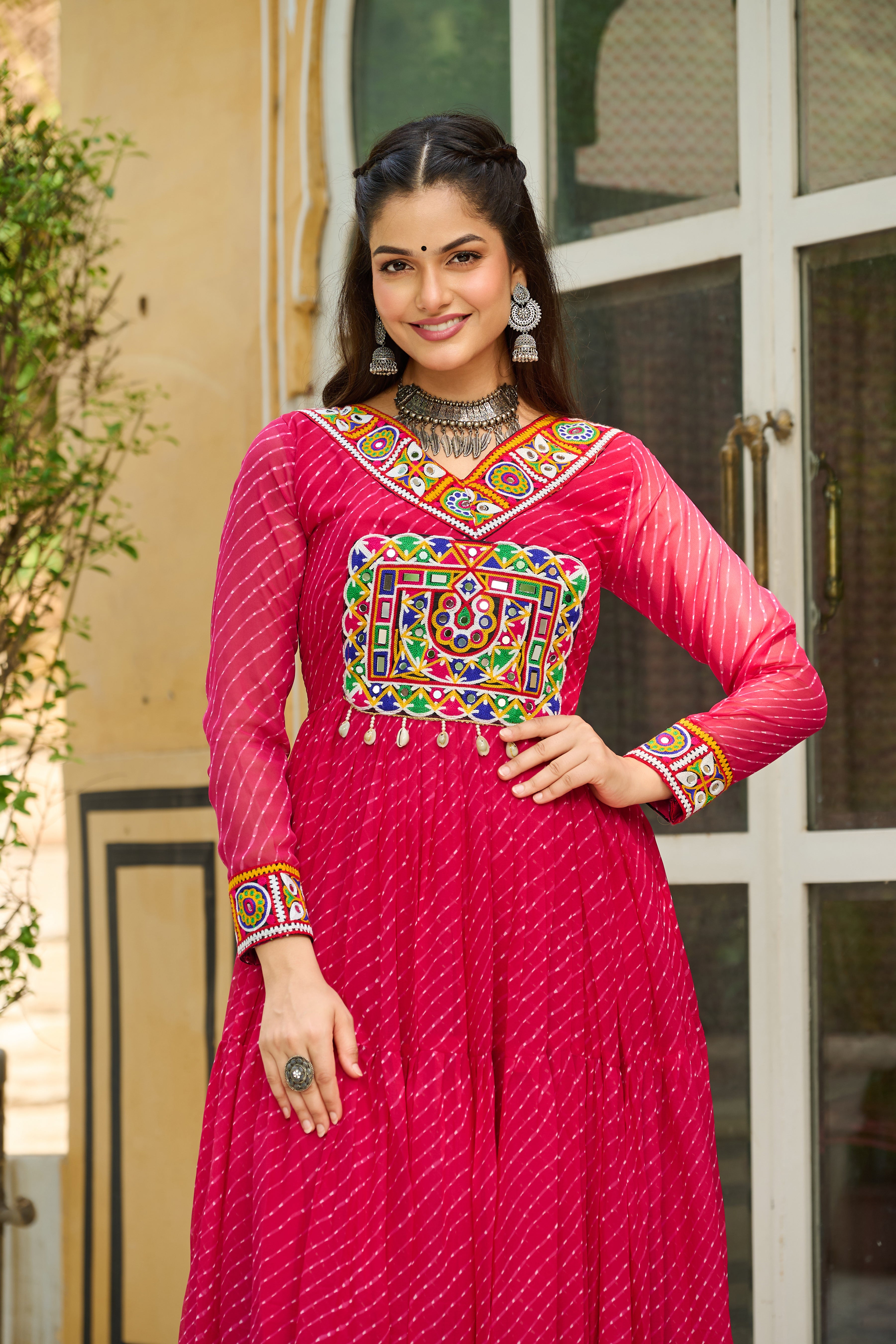 Traditional Bandhej Anarkali Dress with Kutchi Mirror Embroidery