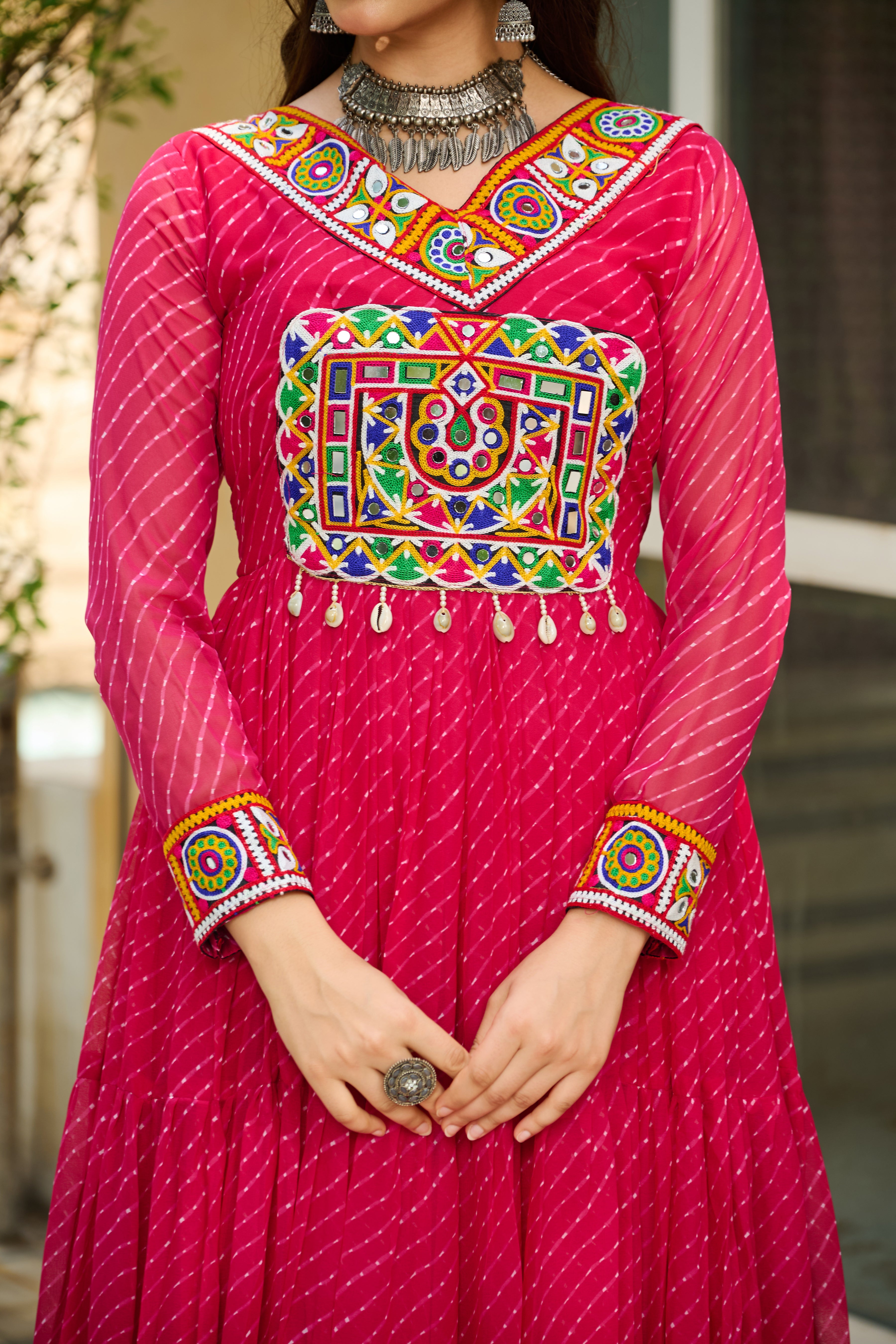 Traditional Bandhej Anarkali Dress with Kutchi Mirror Embroidery