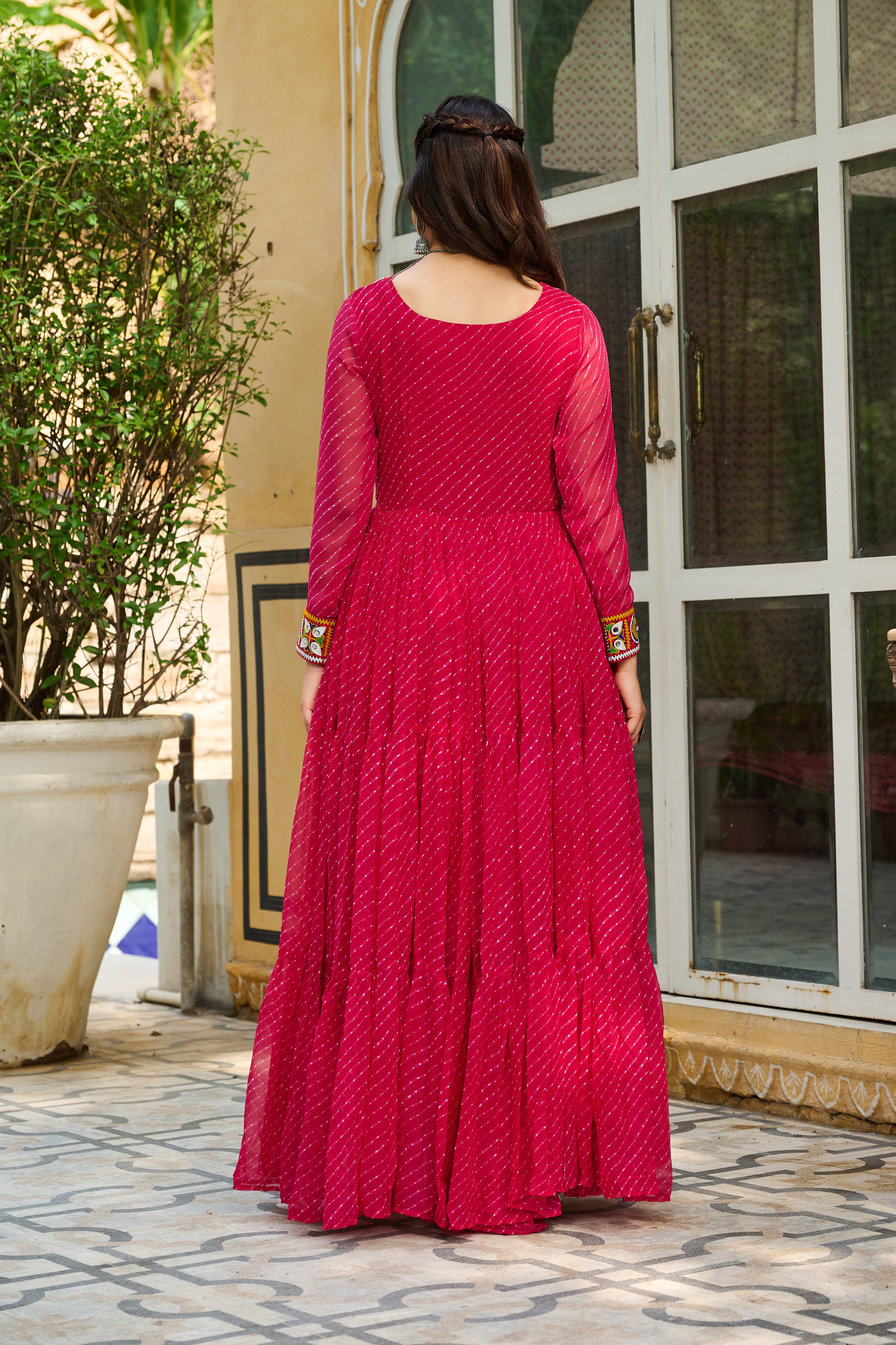Traditional Bandhej Anarkali Dress with Kutchi Mirror Embroidery