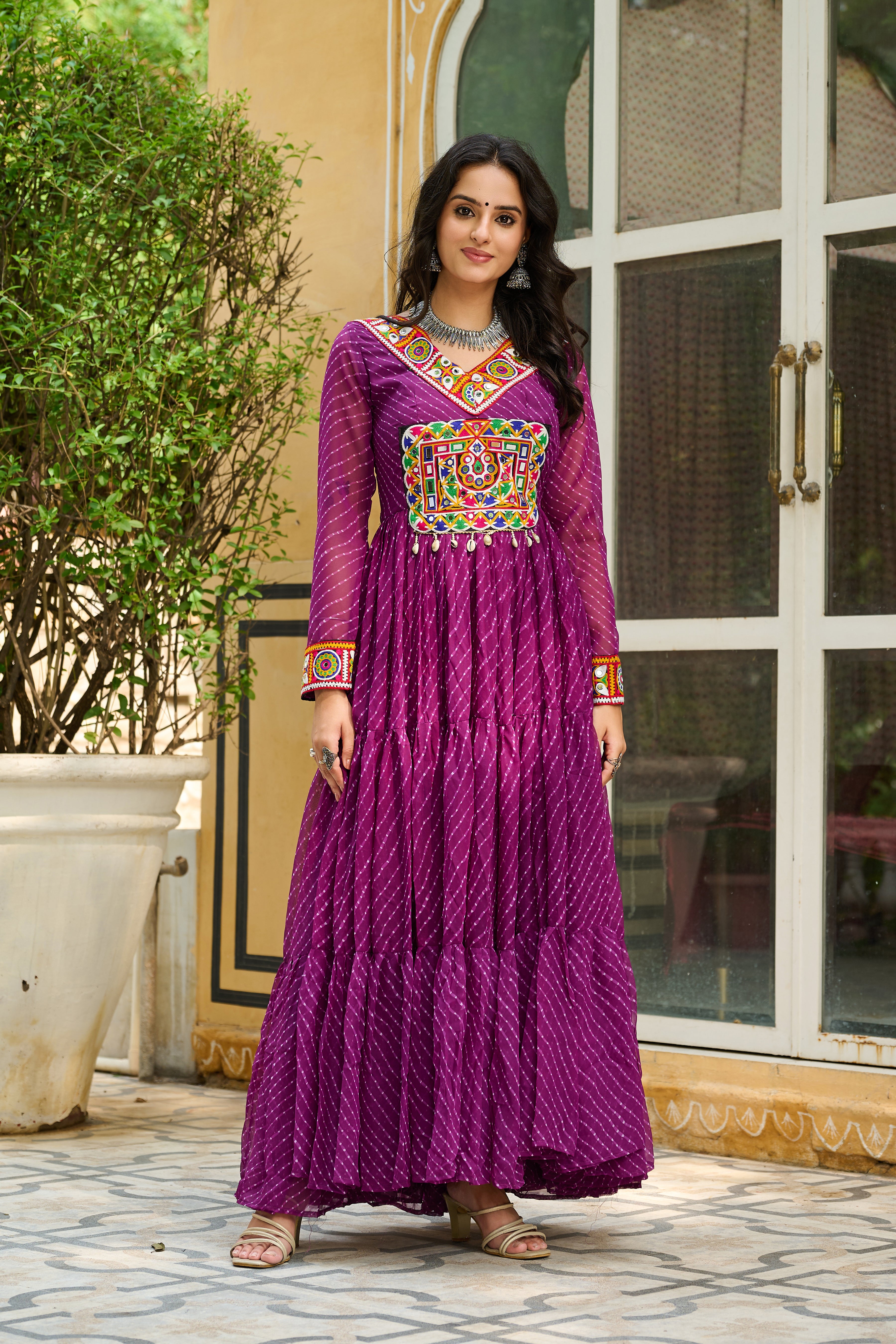 Traditional Bandhej Anarkali Dress with Kutchi Mirror Embroidery