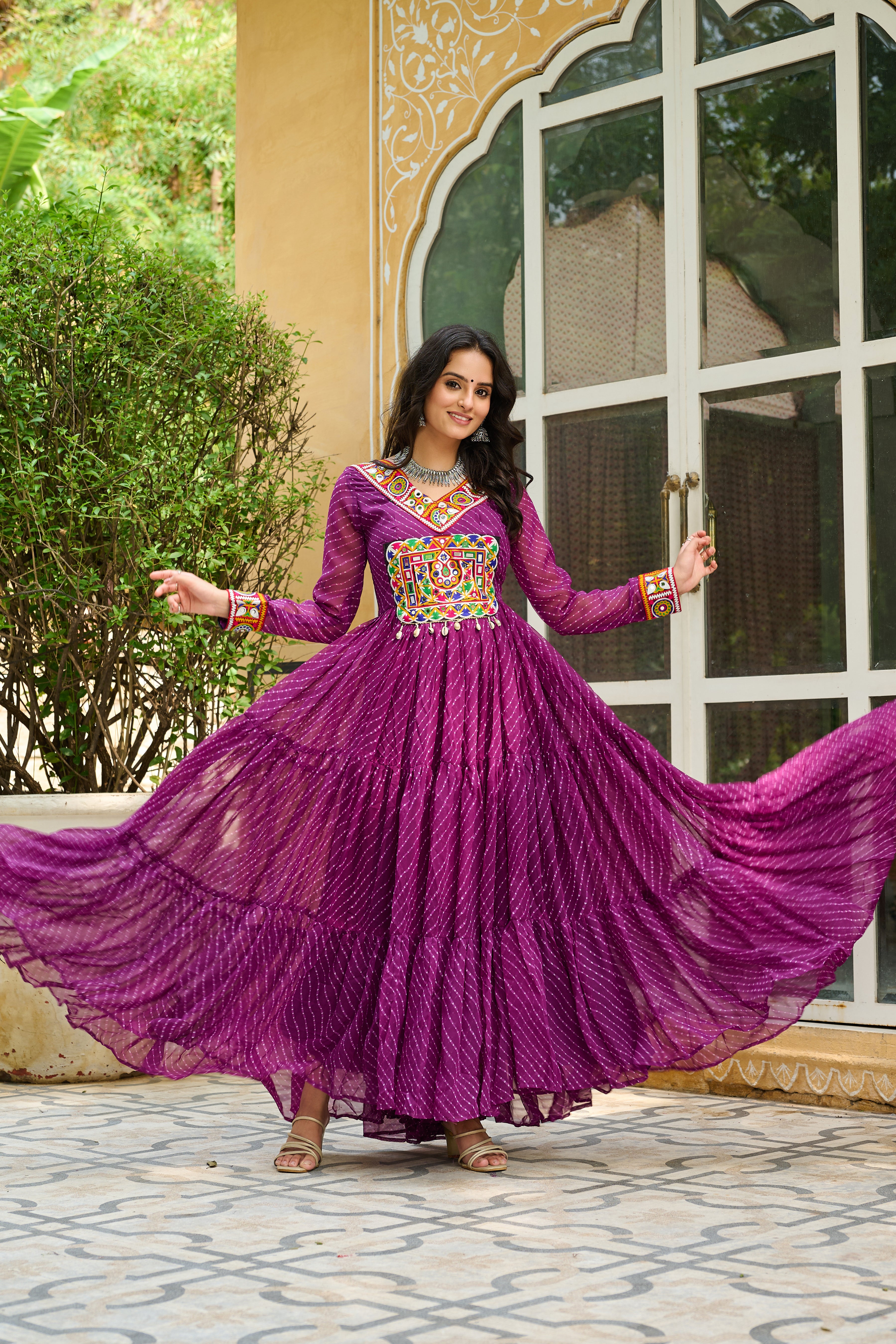 Traditional Bandhej Anarkali Dress with Kutchi Mirror Embroidery