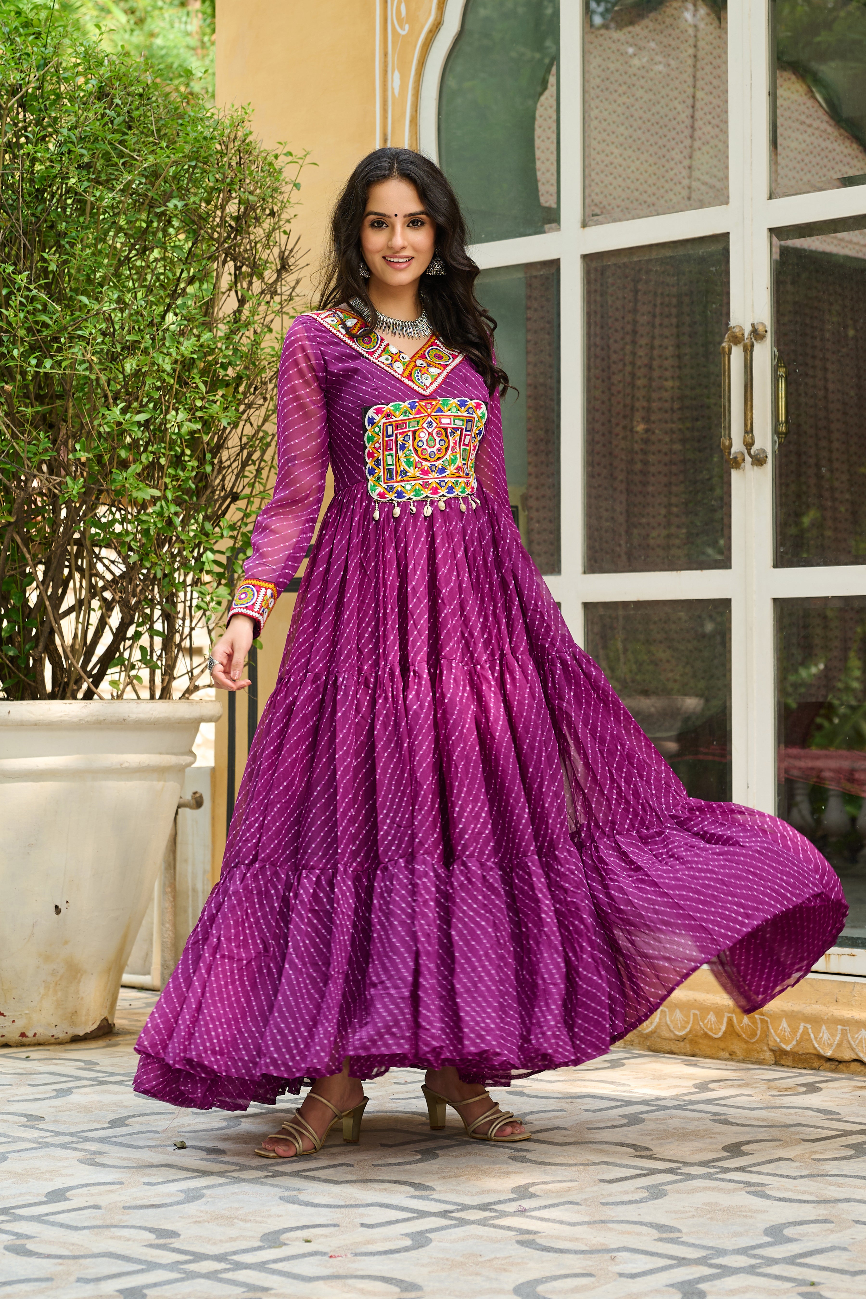 Traditional Bandhej Anarkali Dress with Kutchi Mirror Embroidery