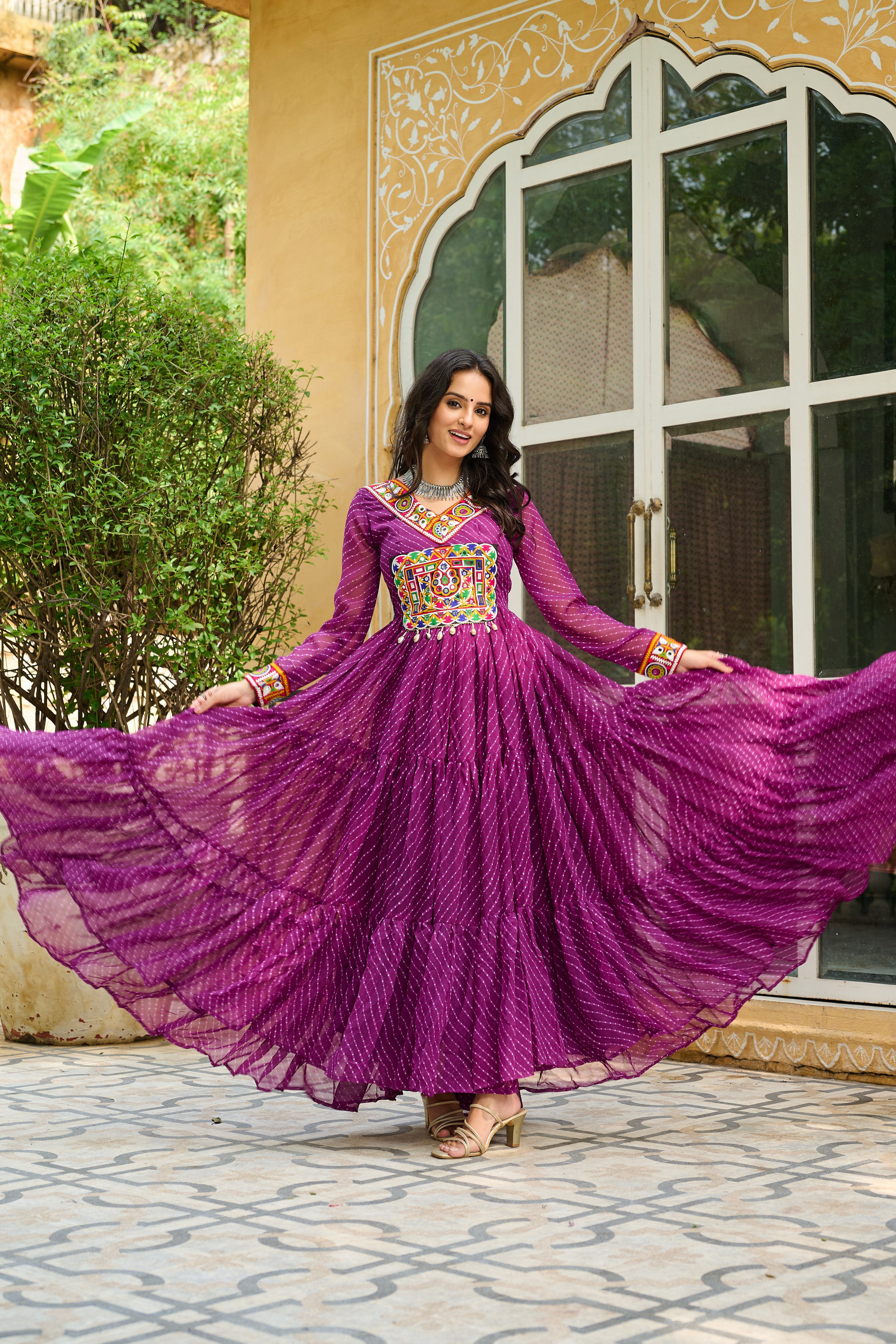 Traditional Bandhej Anarkali Dress with Kutchi Mirror Embroidery