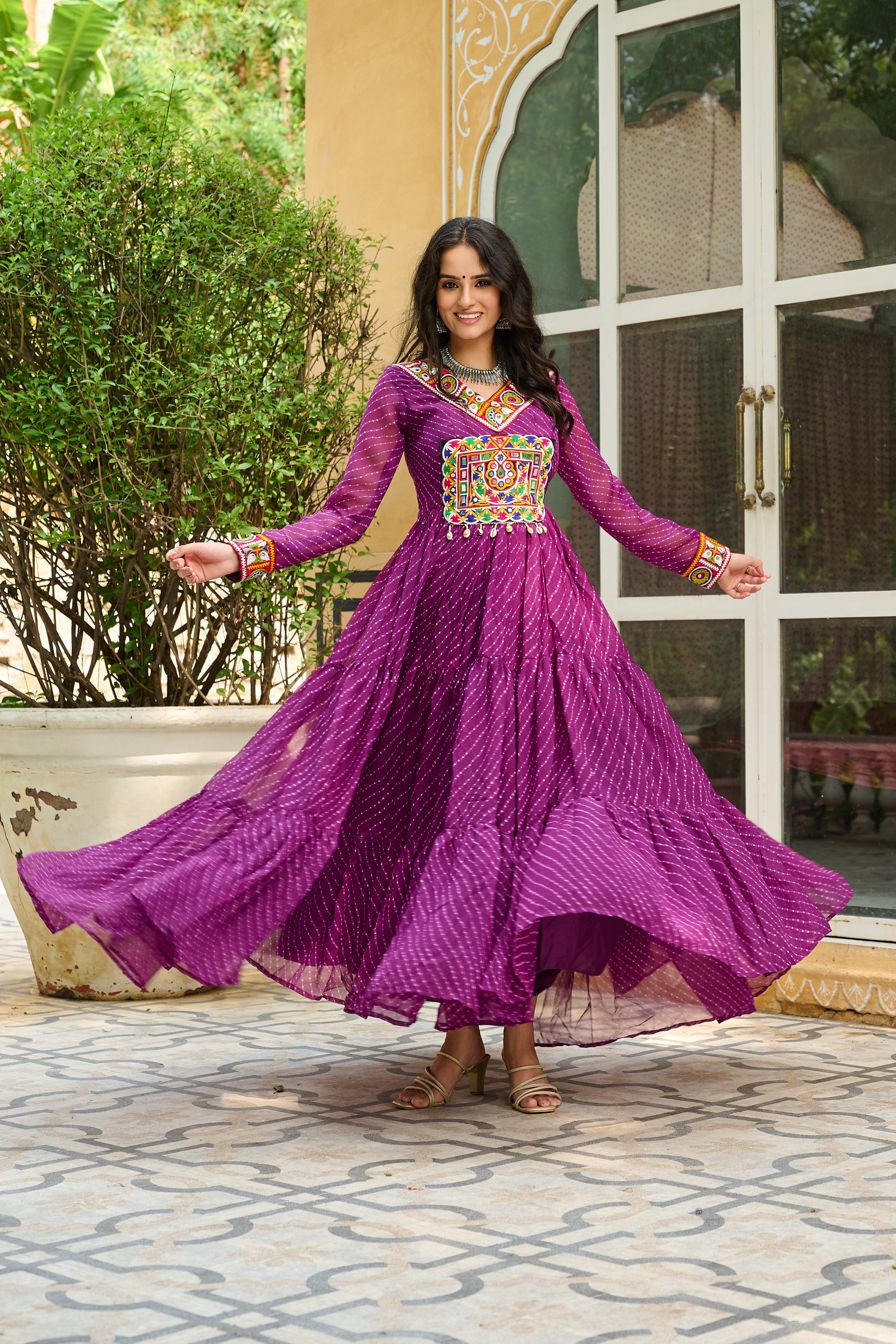 Traditional Bandhej Anarkali Dress with Kutchi Mirror Embroidery