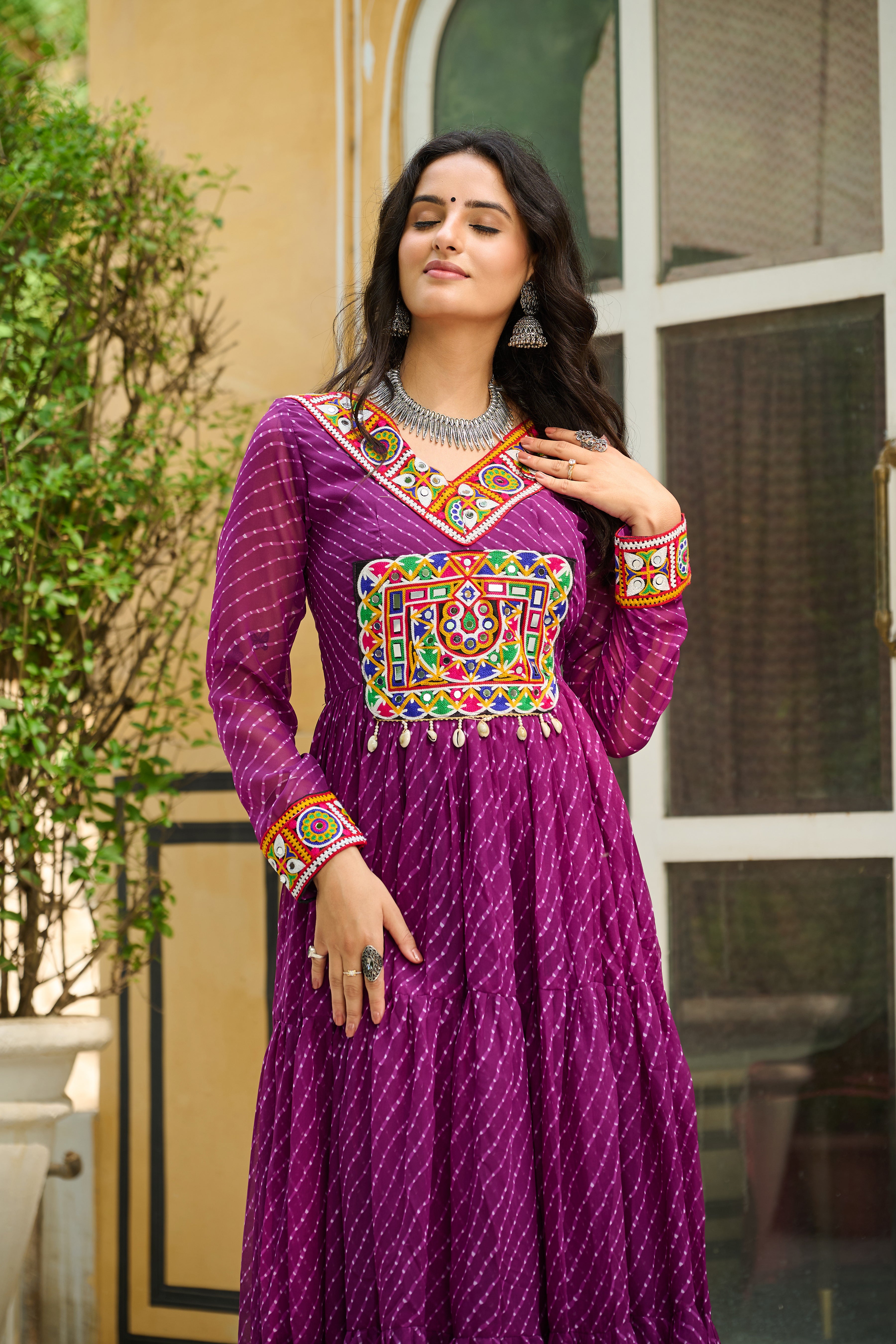 Traditional Bandhej Anarkali Dress with Kutchi Mirror Embroidery