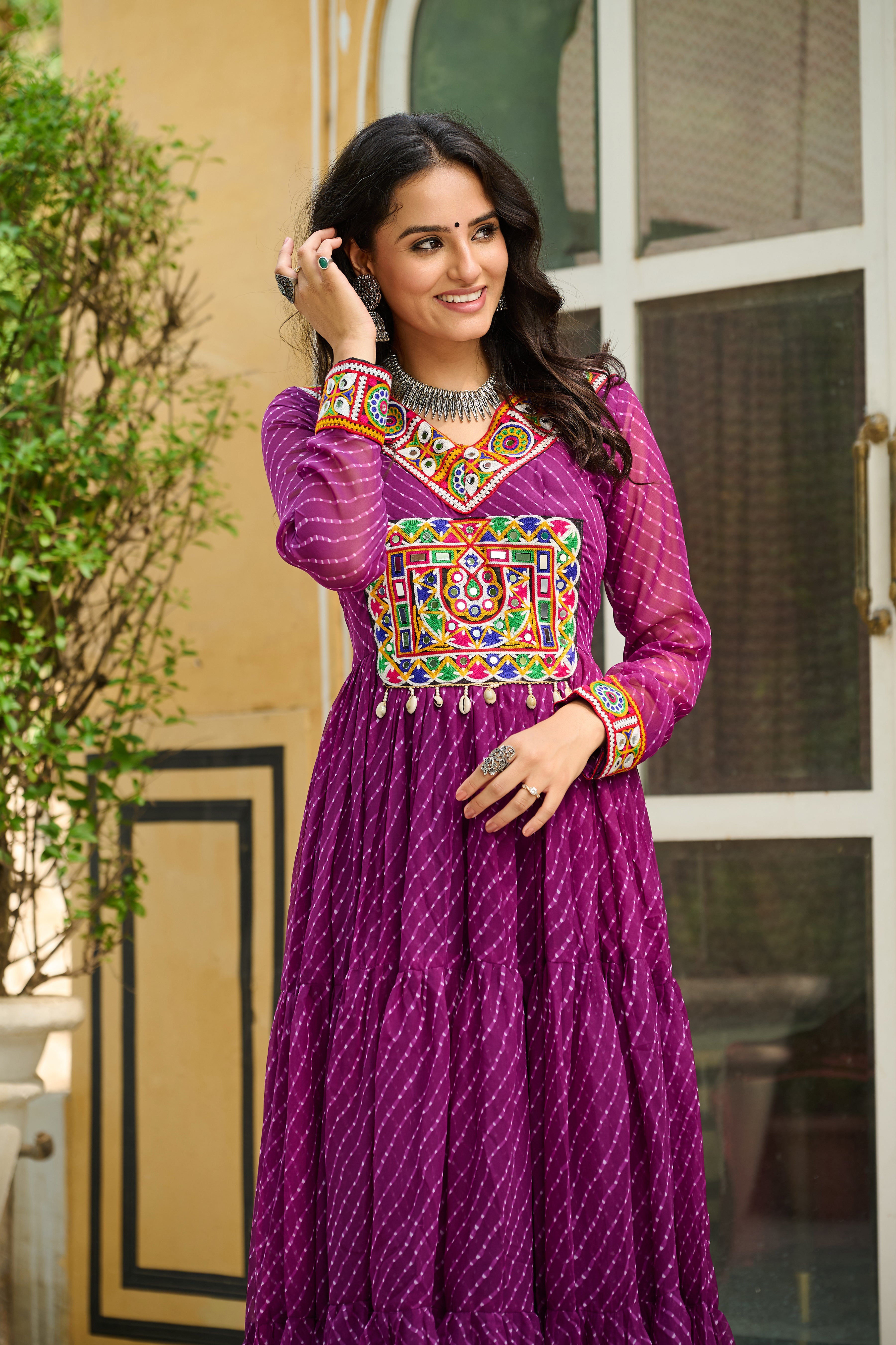 Traditional Bandhej Anarkali Dress with Kutchi Mirror Embroidery