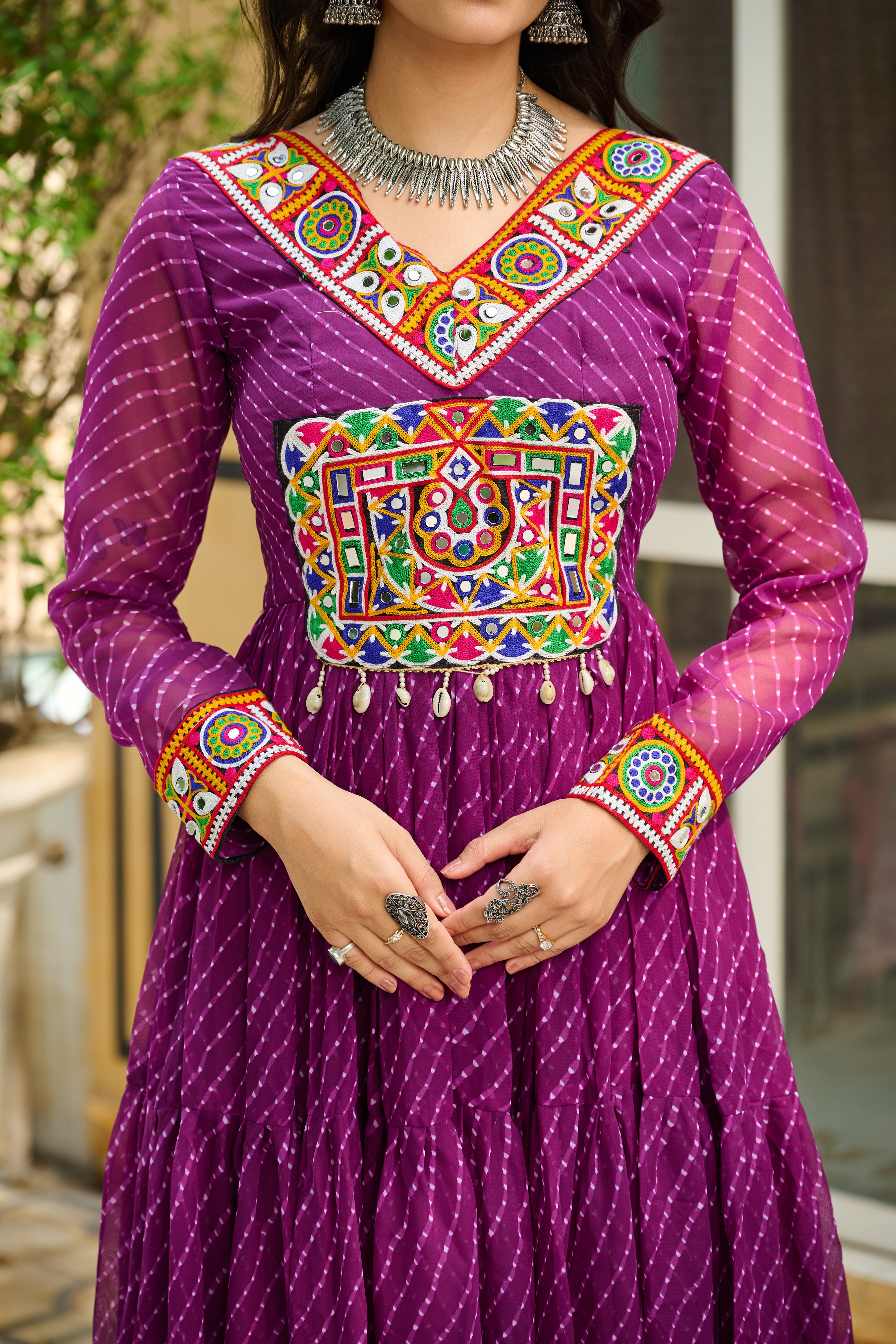 Traditional Bandhej Anarkali Dress with Kutchi Mirror Embroidery