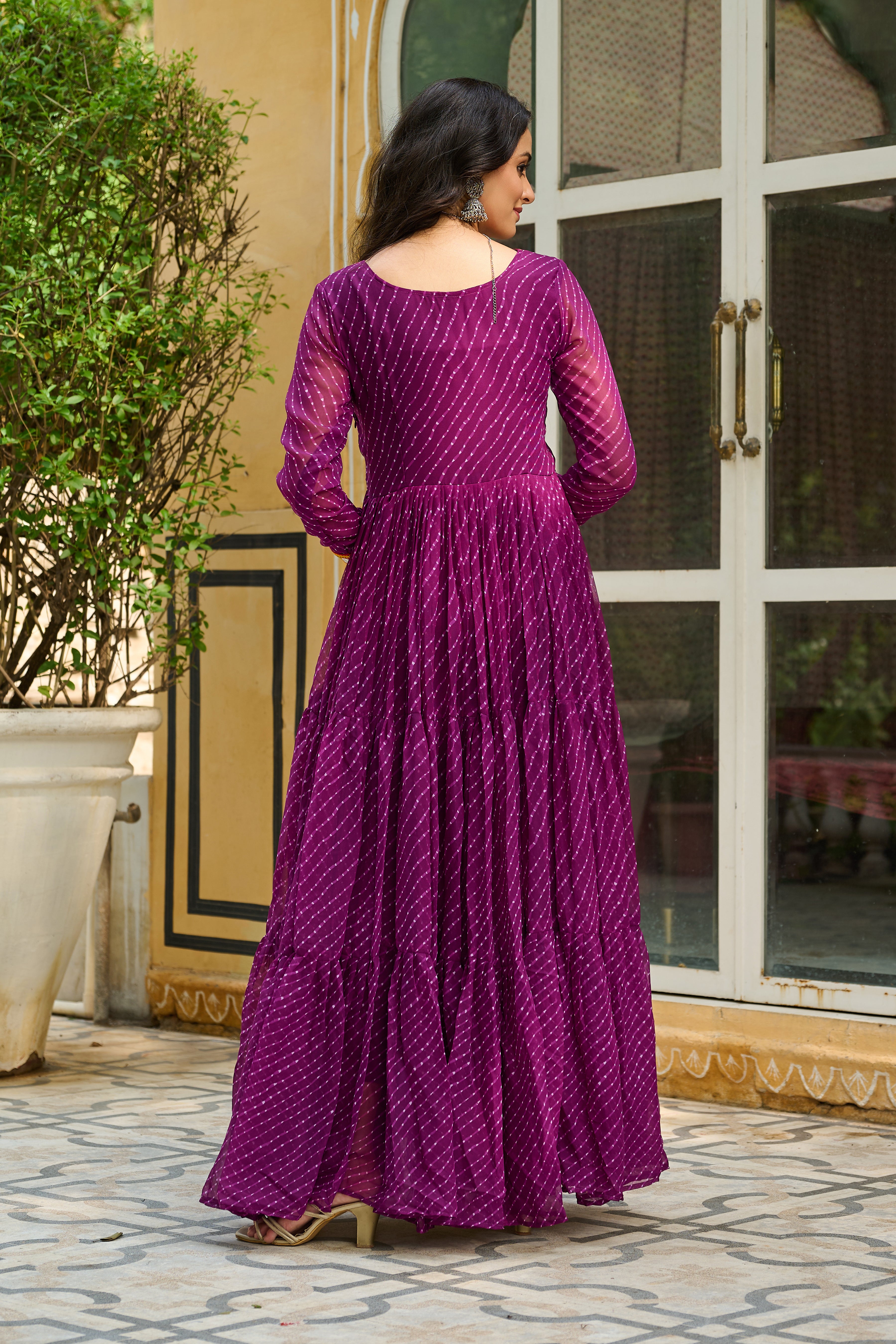 Traditional Bandhej Anarkali Dress with Kutchi Mirror Embroidery