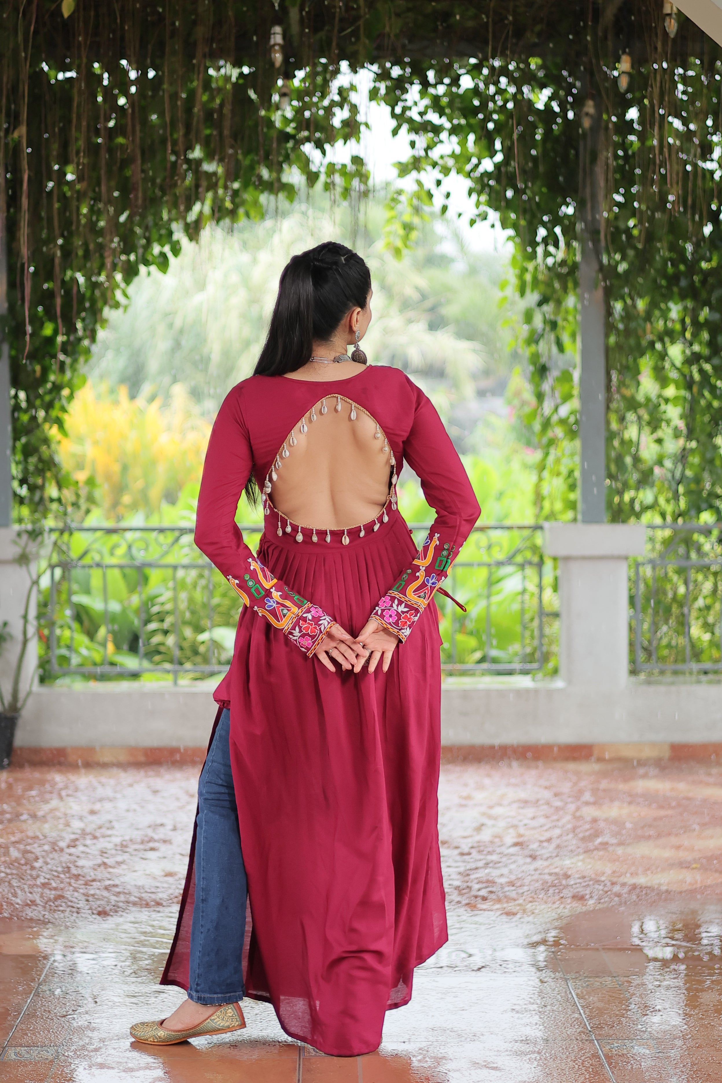 Kutchi Embroidered Anarkali Dress with Peacock & Floral Motifs