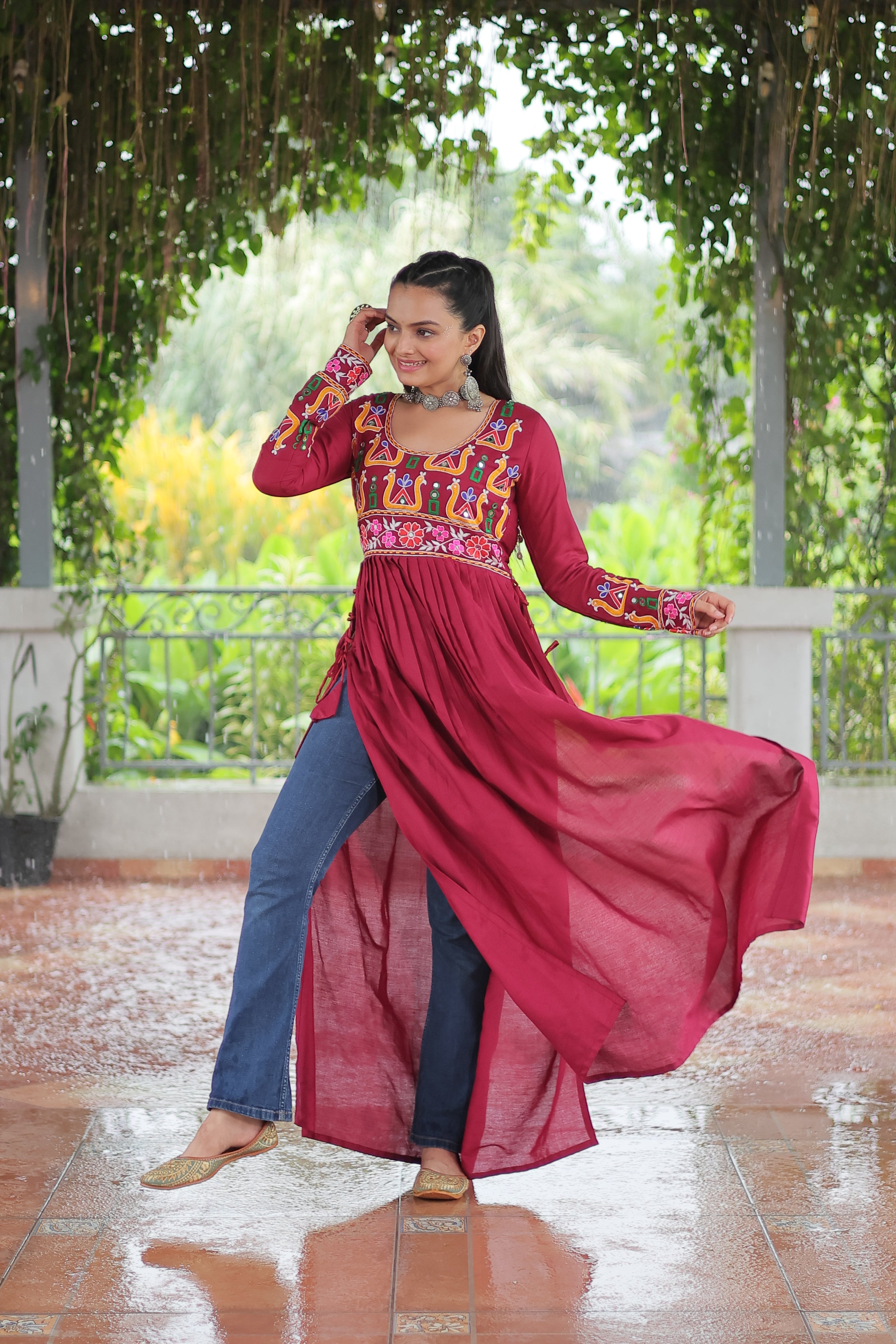 Kutchi Embroidered Anarkali Dress with Peacock & Floral Motifs