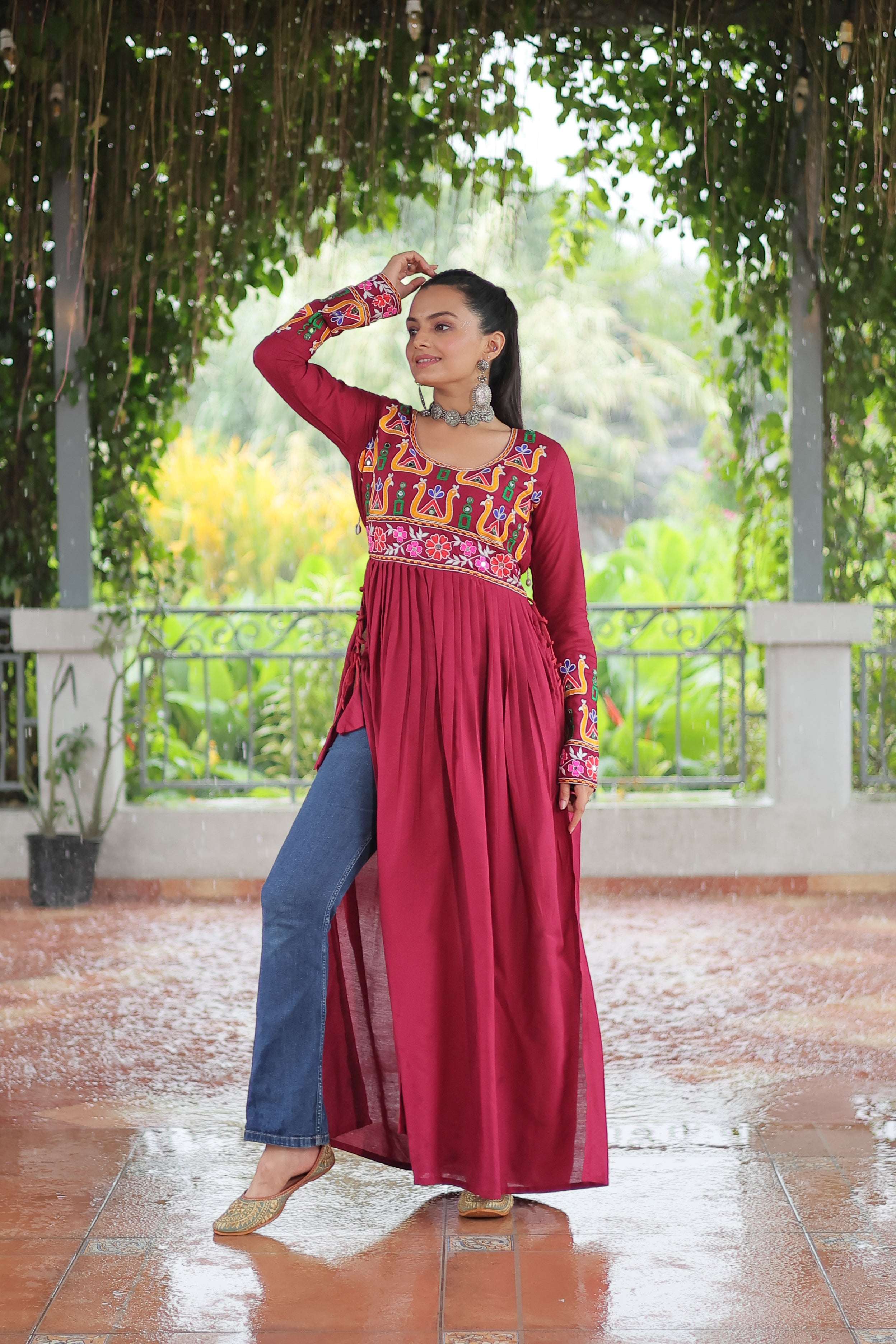 Kutchi Embroidered Anarkali Dress with Peacock & Floral Motifs