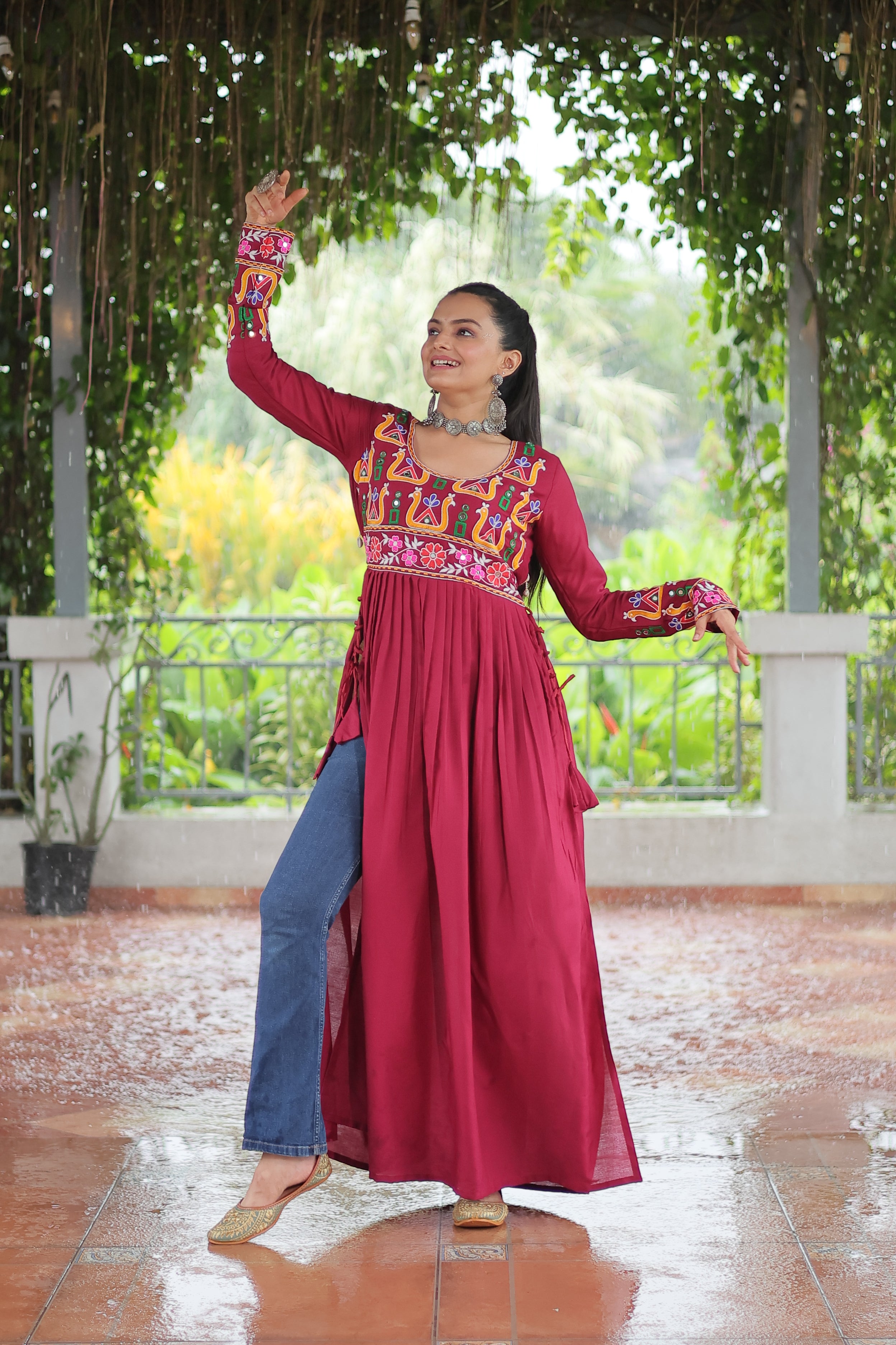 Kutchi Embroidered Anarkali Dress with Peacock & Floral Motifs
