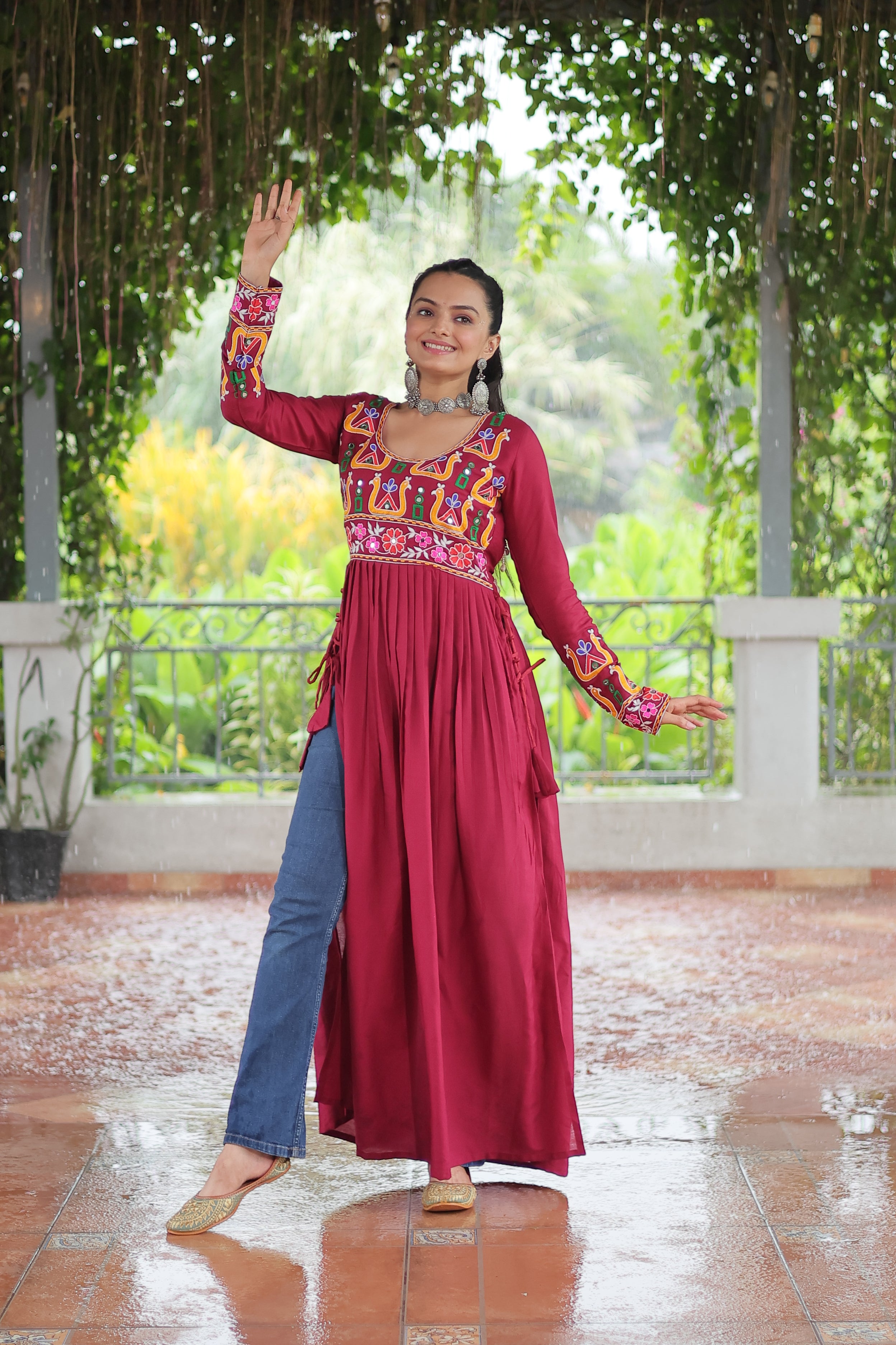 Kutchi Embroidered Anarkali Dress with Peacock & Floral Motifs