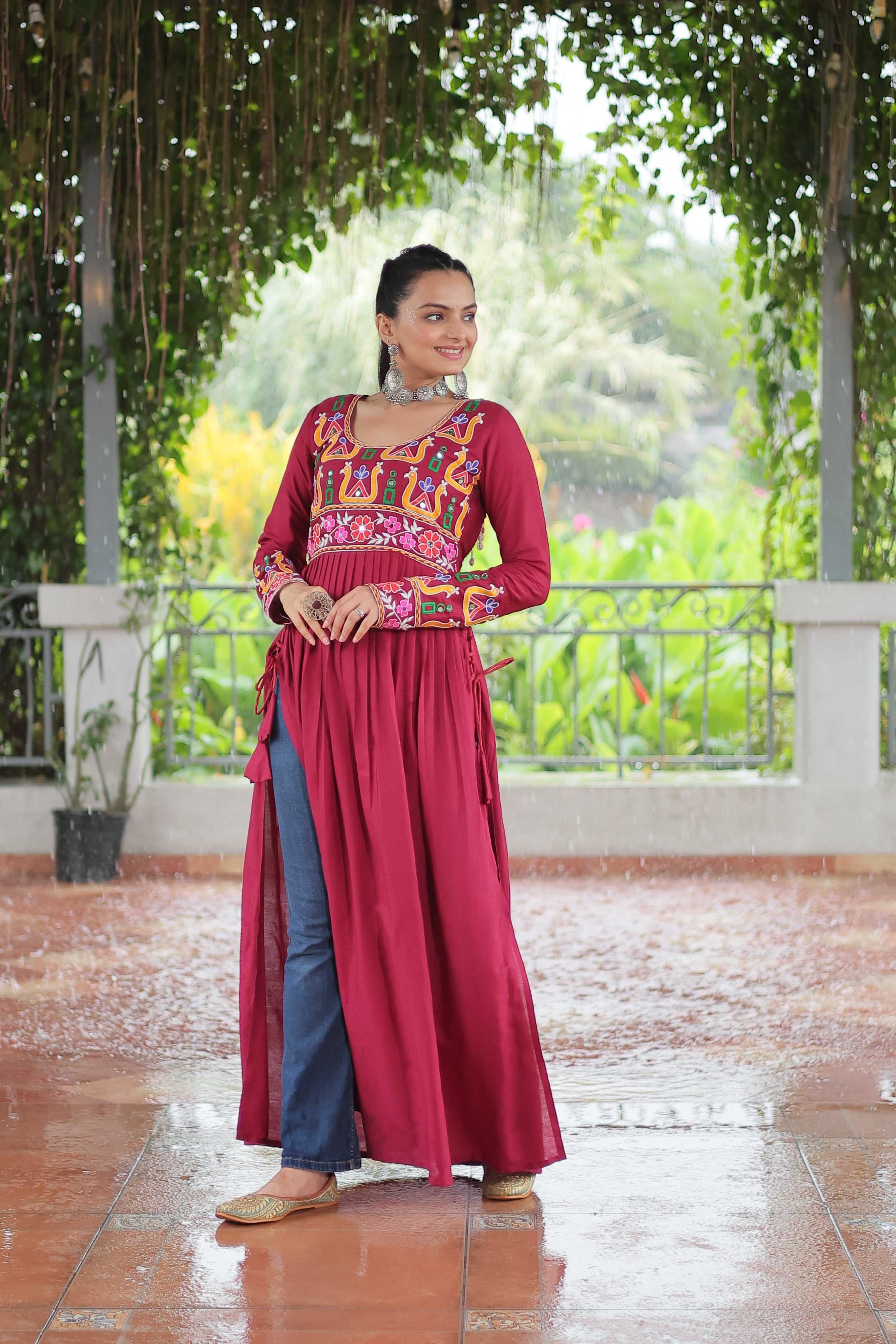 Kutchi Embroidered Anarkali Dress with Peacock & Floral Motifs