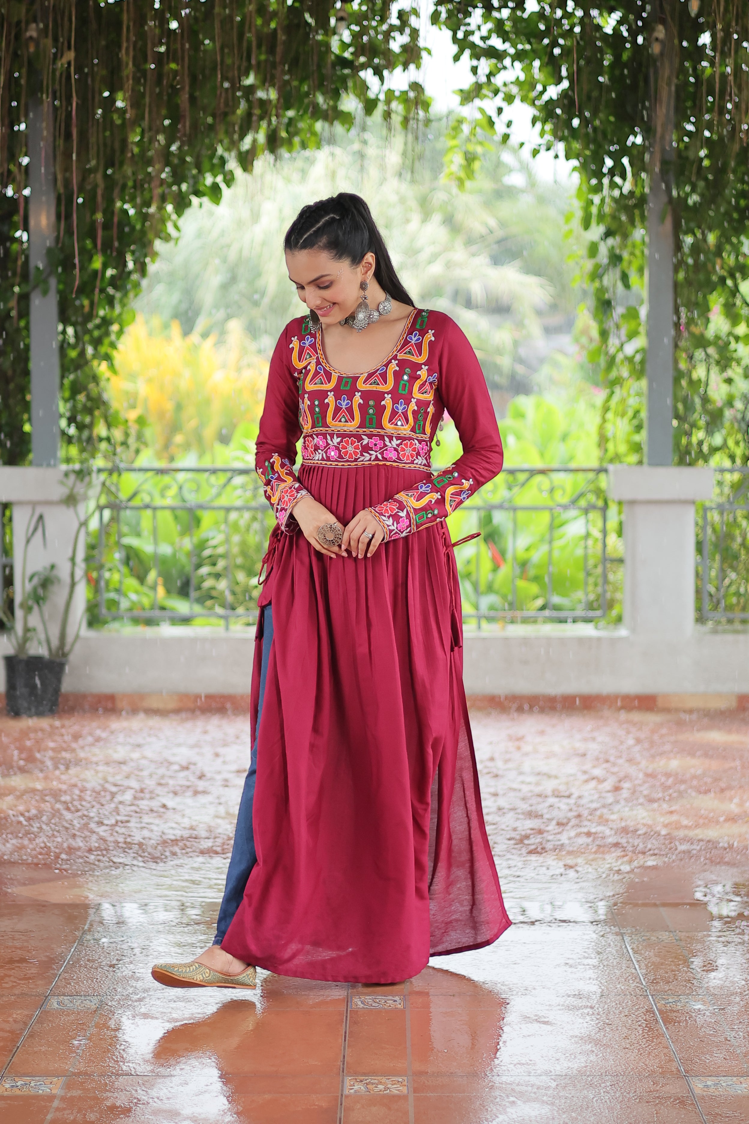 Kutchi Embroidered Anarkali Dress with Peacock & Floral Motifs